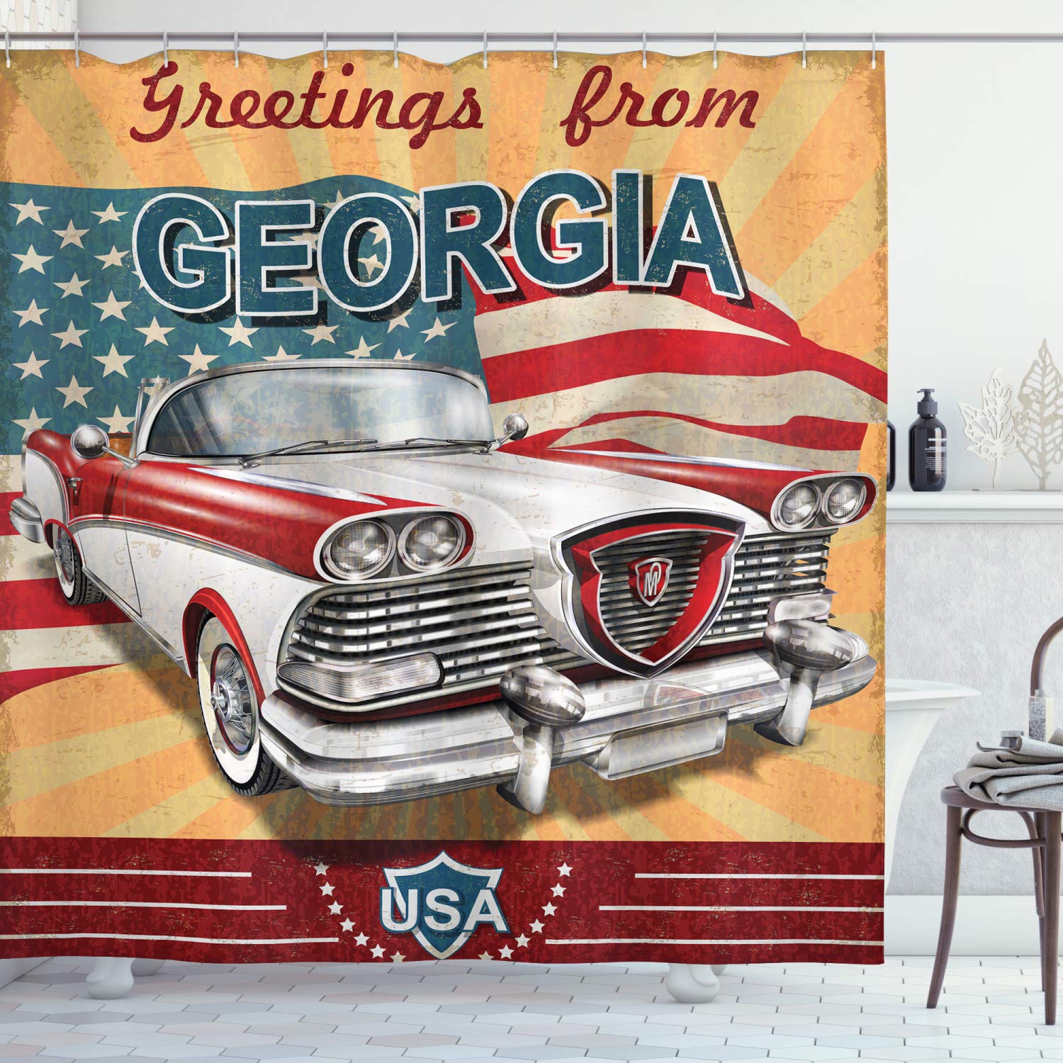 Ambesonne Georgia Shower Curtain - Vintage State Flag & Classic Car Design, 69x84 Inch Polyester Fabric Bathroom Decor with Hooks, Slate Blue & Multicolor | Perfect for Southern Style Bathrooms, Guest Baths & Georgia-Themed Home Decor