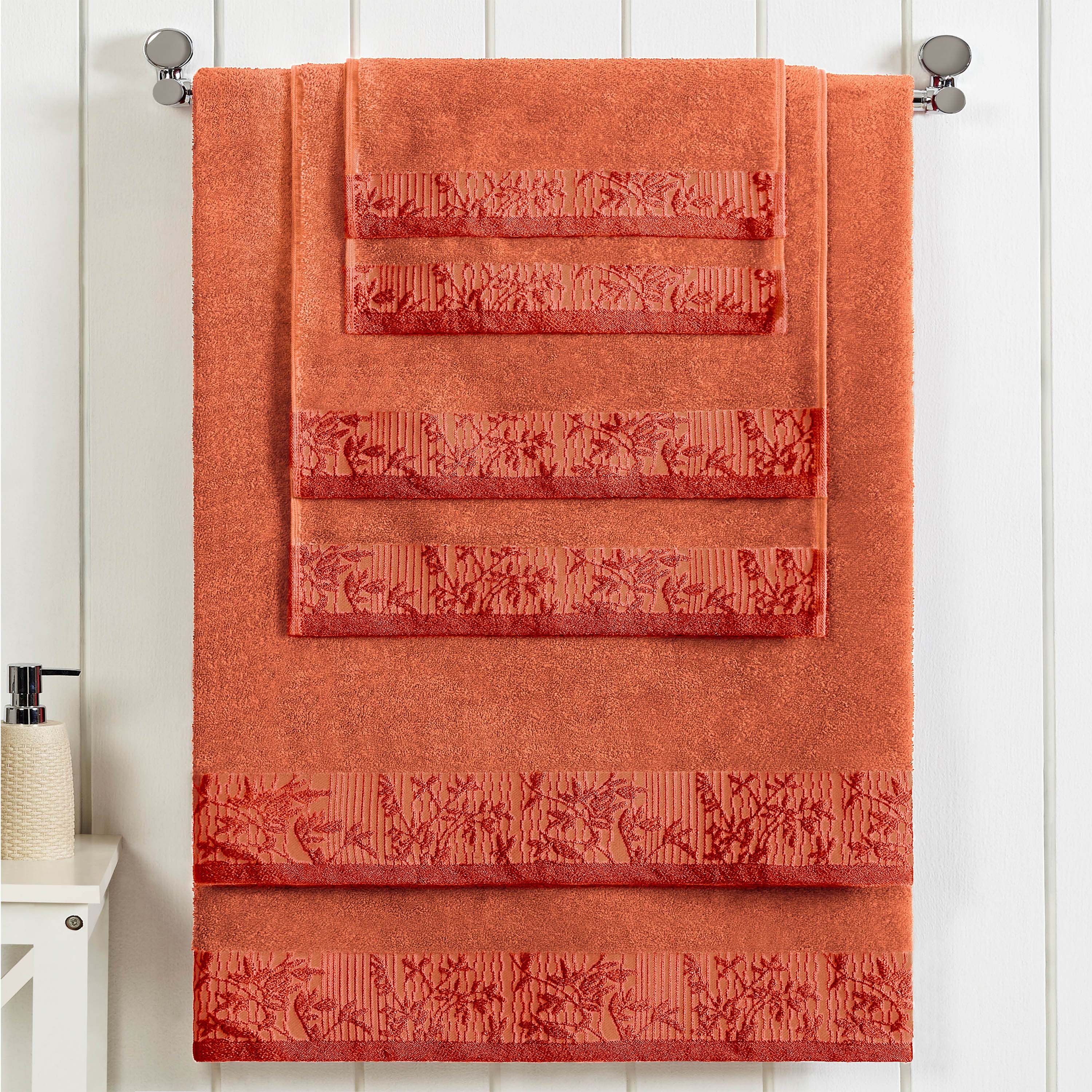 Wisteria Cotton Floral Embroidered Jacquard Border 6-Piece Bath Towel Set - Soft & Absorbent for Spa, Bathroom & Guest Use