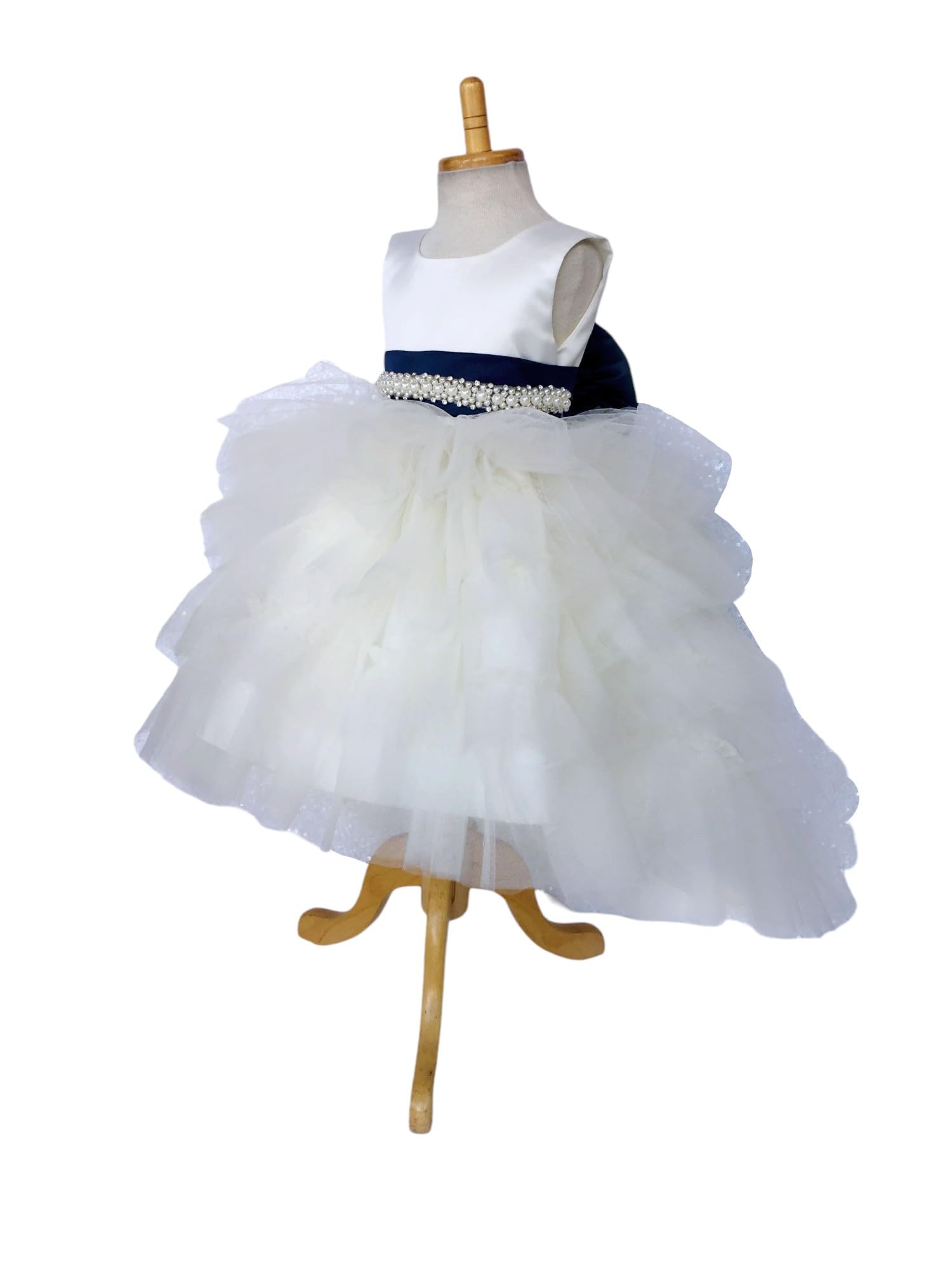 Ivory Sleeveless High-Low Tulle Flower Girl Dress with Ruffle Details for Weddings, Birthday Parties, and Special Occasions – Size 10, Navy Blue Accessories Included
