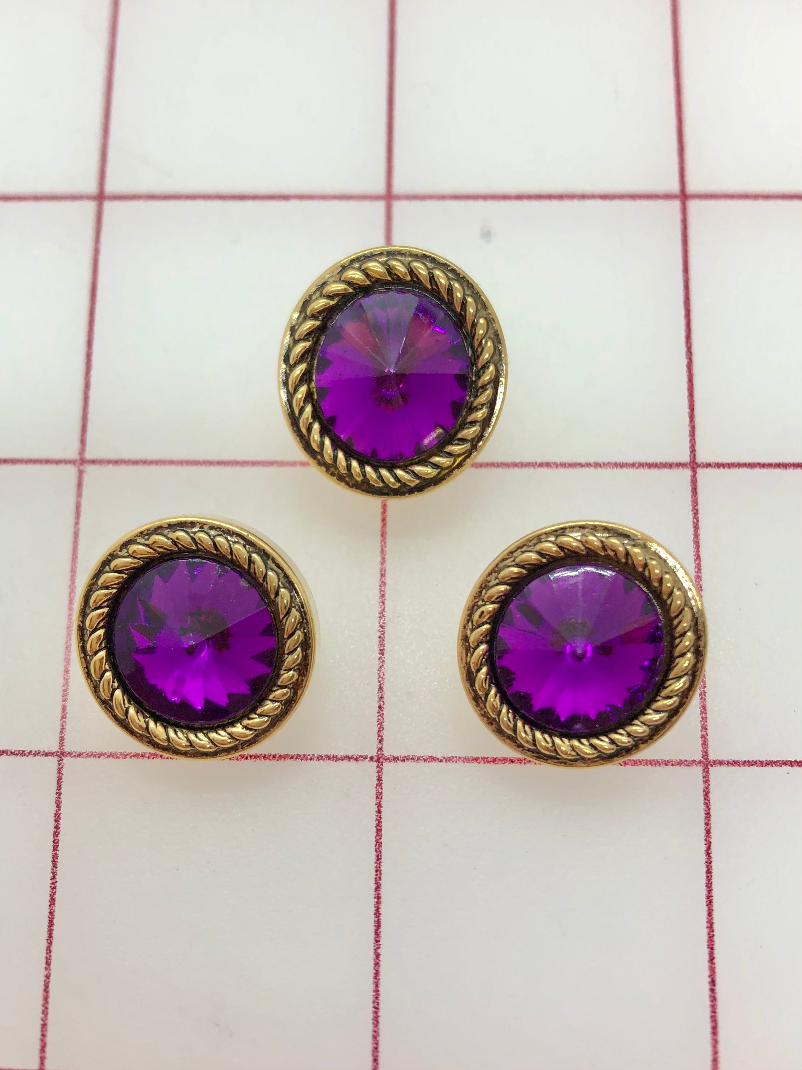Gold Round Buttons with Purple Acrylic Rhinestones - 0.75 Inch (3 Pack) for Sewing, Crafts, and DIY Clothing Projects - Close Out Sale