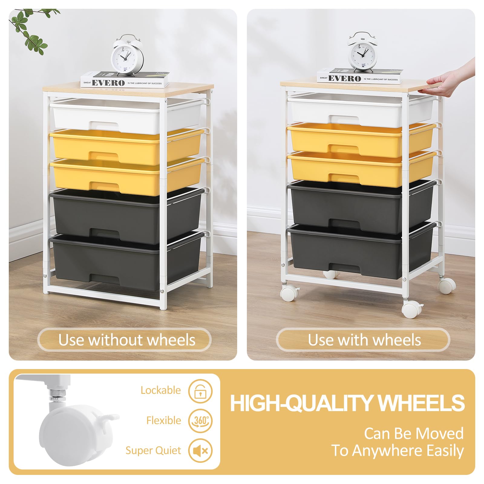 5-Drawer Utility Cart with Wooden Tabletop & Lockable Wheels - Large Capacity Rolling Storage Cart for Home, Office, or Workshop (Yellow) - Perfect for Organizing Tools, Crafts, or Office Supplies