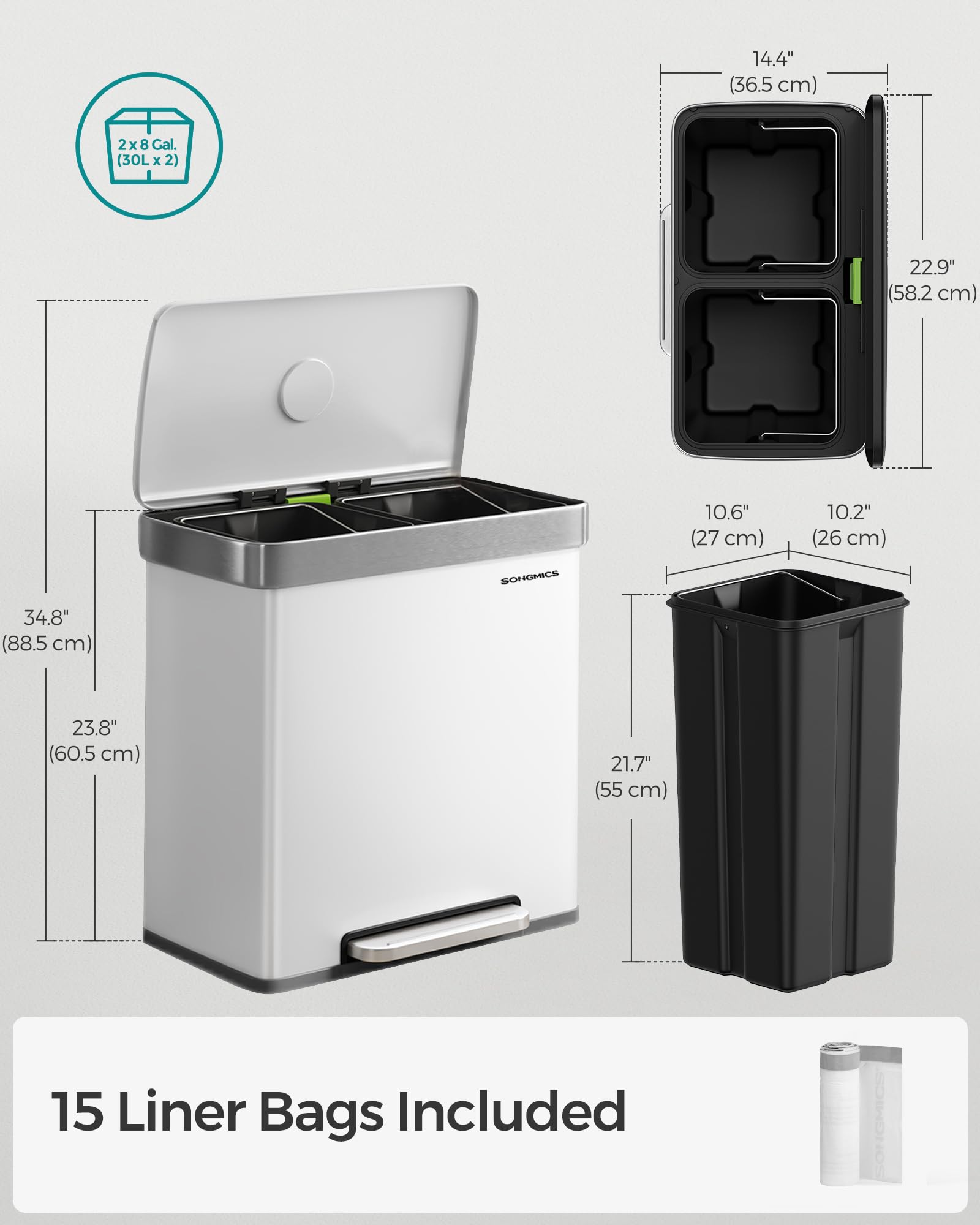 SONGMICS 16 Gallon Dual Compartment Stainless Steel Trash Can with Pedal - 60L Recycling Bin with Stay-Open Lid & Soft Closure - Includes 15 Trash Bags - White (ULTB202W01) - Perfect for Kitchen, Office, or Home Waste Management