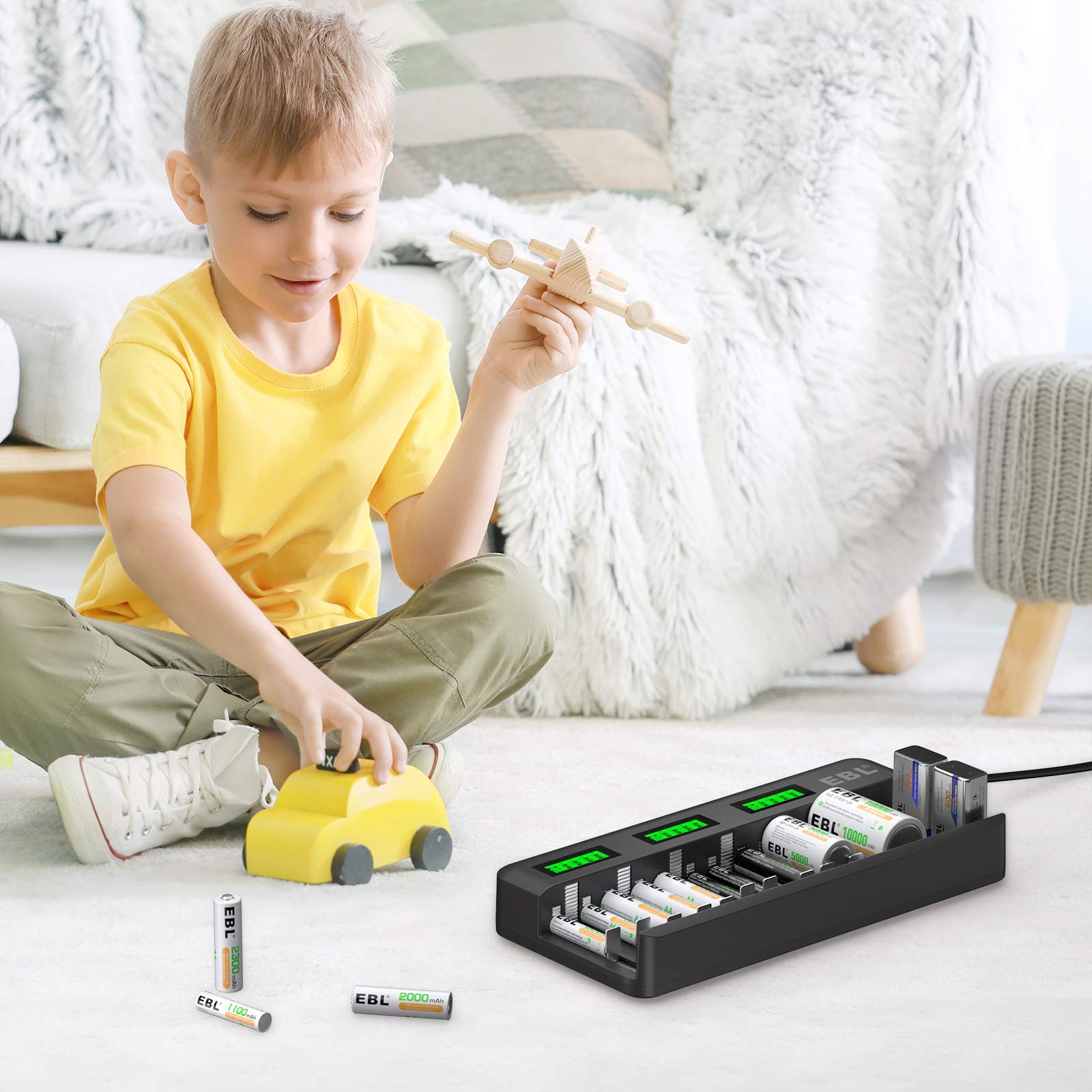 EBL 12+2 Bay LCD Rechargeable Battery Charger for AA AAA C D 9V Ni-MH Ni-CD Li-ion Batteries - Fast Charging with AC Power Supply - Perfect for Cameras, Toys, Flashlights & Home Electronics