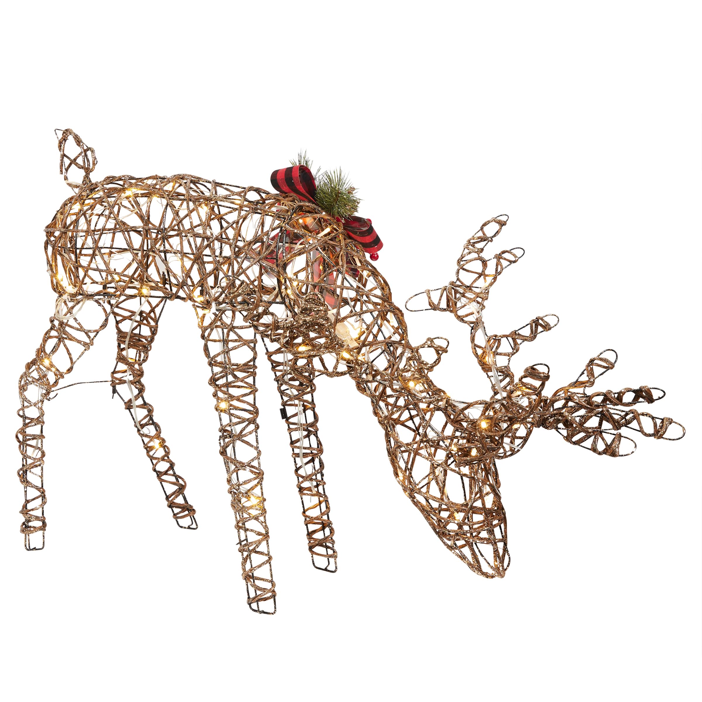 Rattan Grazing Reindeer with Bow & LED Lights - Christmas Holiday Home Decor for Mantel, Tabletop, and Outdoor Garden