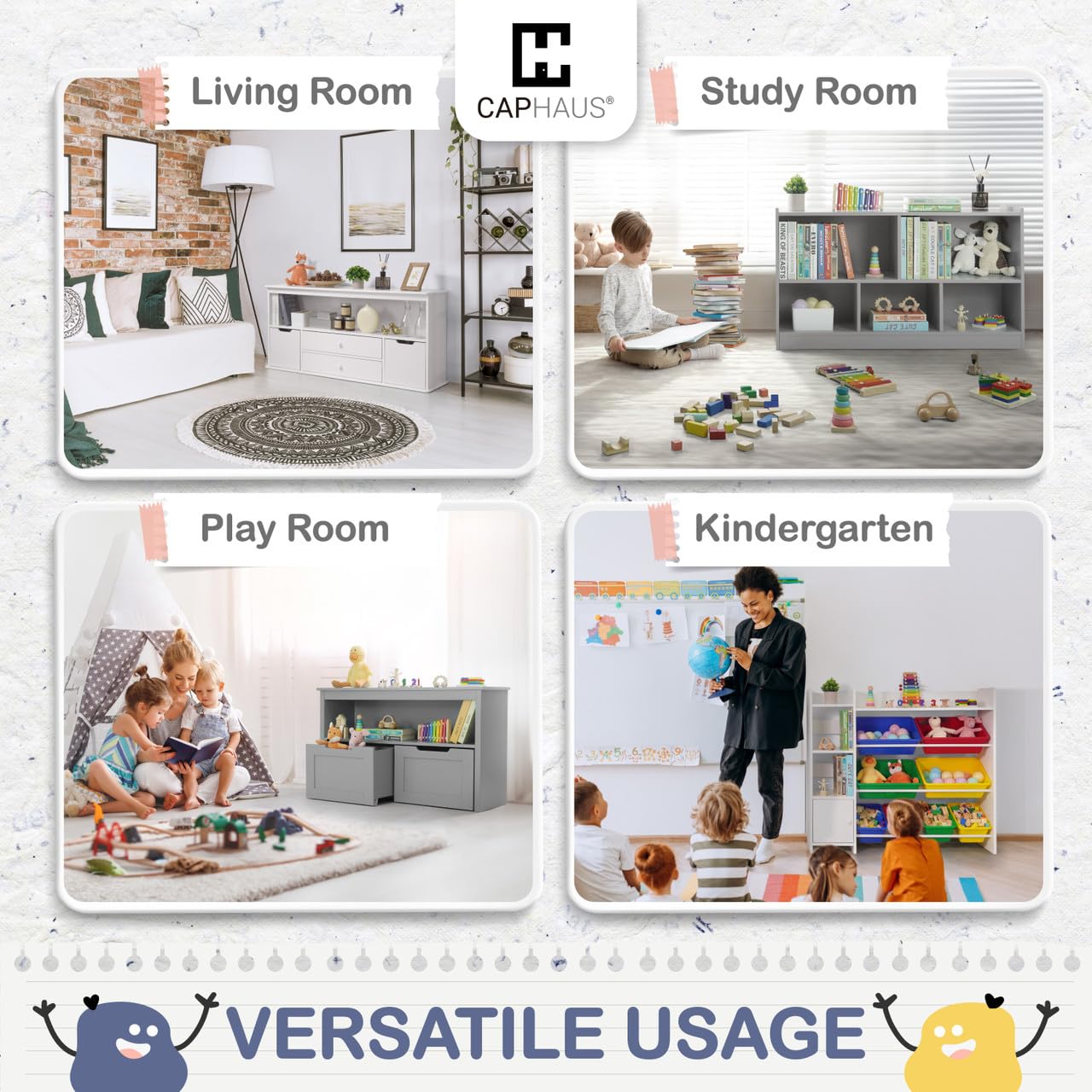 CAPHAUS Kids Toy Storage Organizer with Open Compartments - 44.1”x11.8”x24.2” White Toy Shelf for Books, Toys & Games - Perfect for Classroom, Kindergarten, Playroom, Nursery & Bedroom Organization