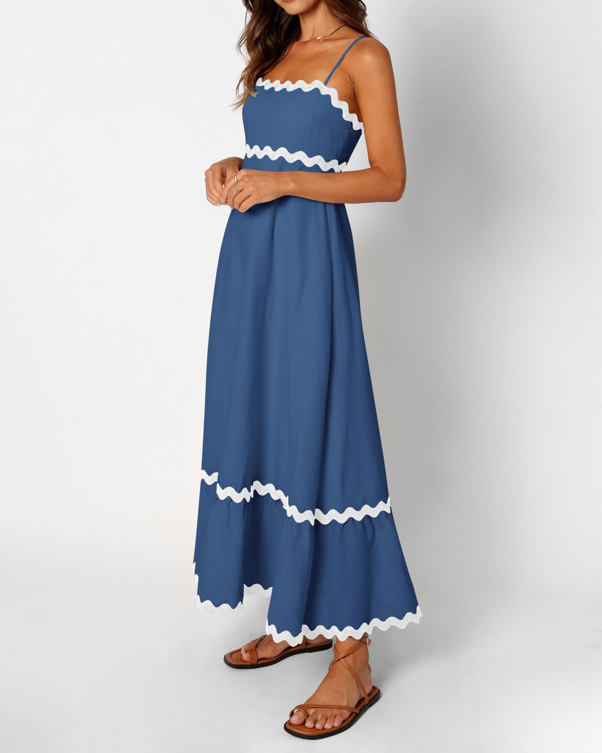 Dowerme Women's Summer Dresses 2025 - Spaghetti Strap Sleeveless Boho Midi Dress with Smocked Waist & Rickrack Trim | Flowy A-Line Loose Fit | Beach Vacation, Date Night, Casual Outing