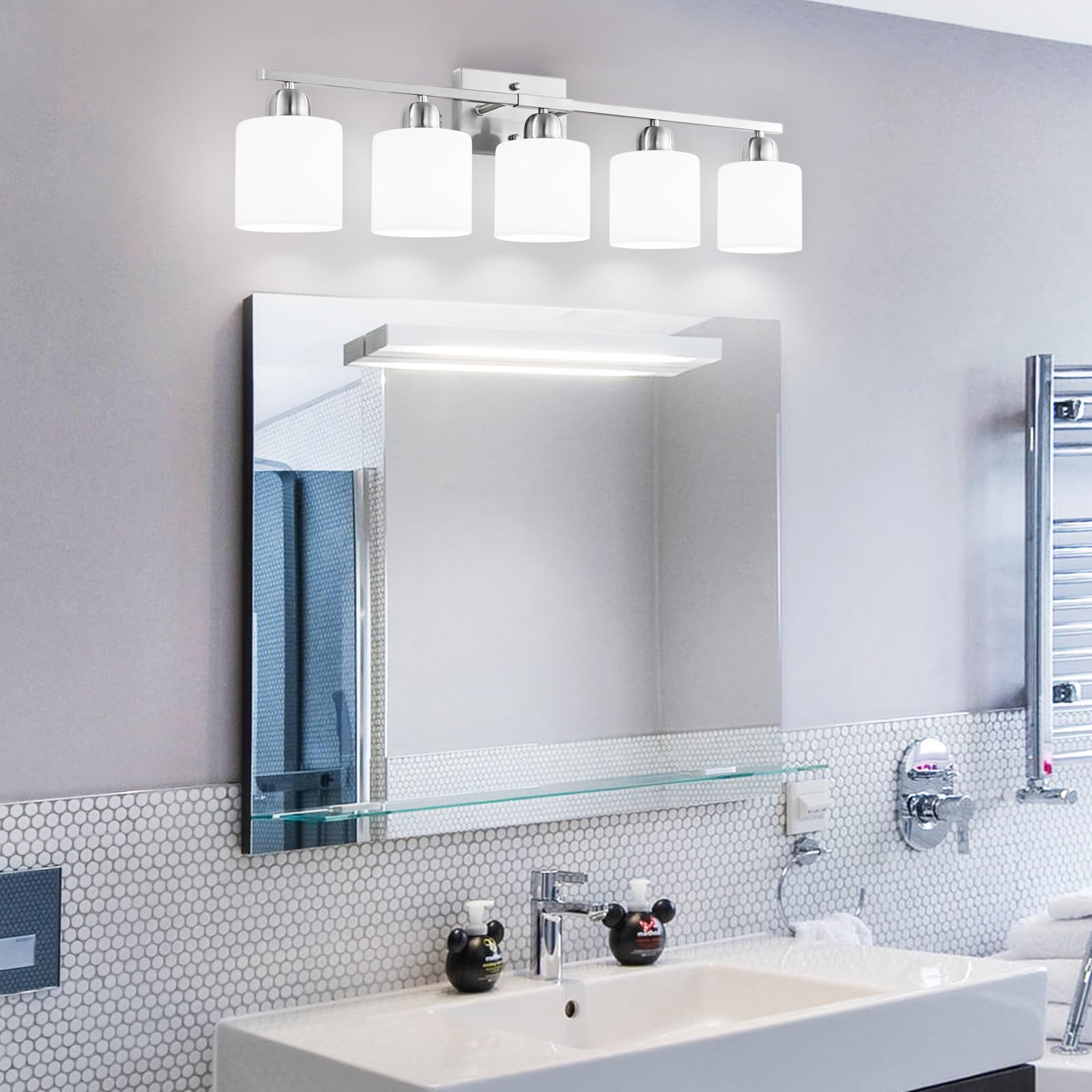 5-Light Bathroom Vanity Light Fixture Brushed Nickel with Milky White Frosted Glass Shade, E26 Base - Perfect for Bathroom Mirror, Bedroom, Living Room & Dressing Area Lighting