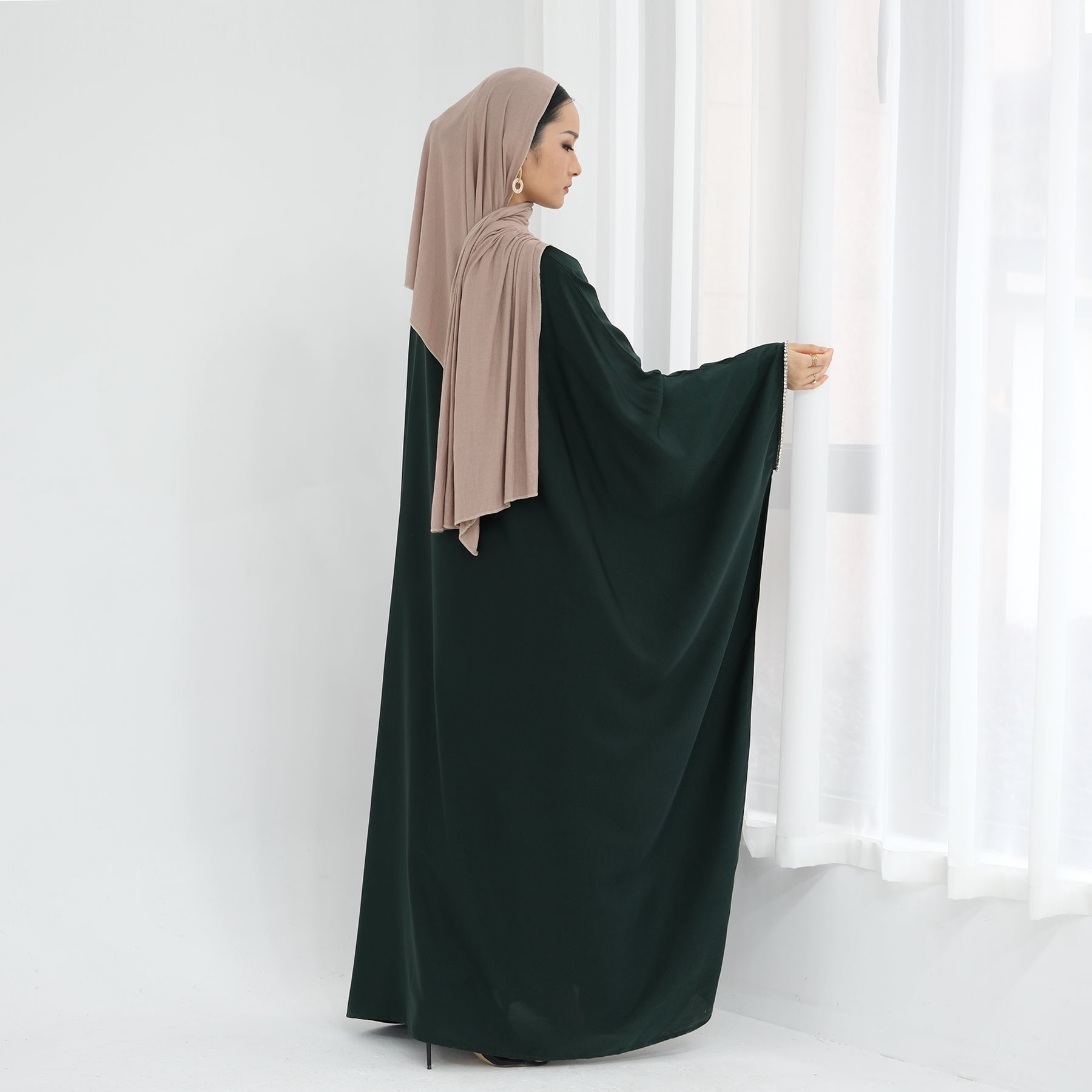 Davina Butterfly Satin Abaya Emerald Green - Elegant Muslim Prayer Dress for Women | Perfect for Eid, Ramadan & Special Occasions