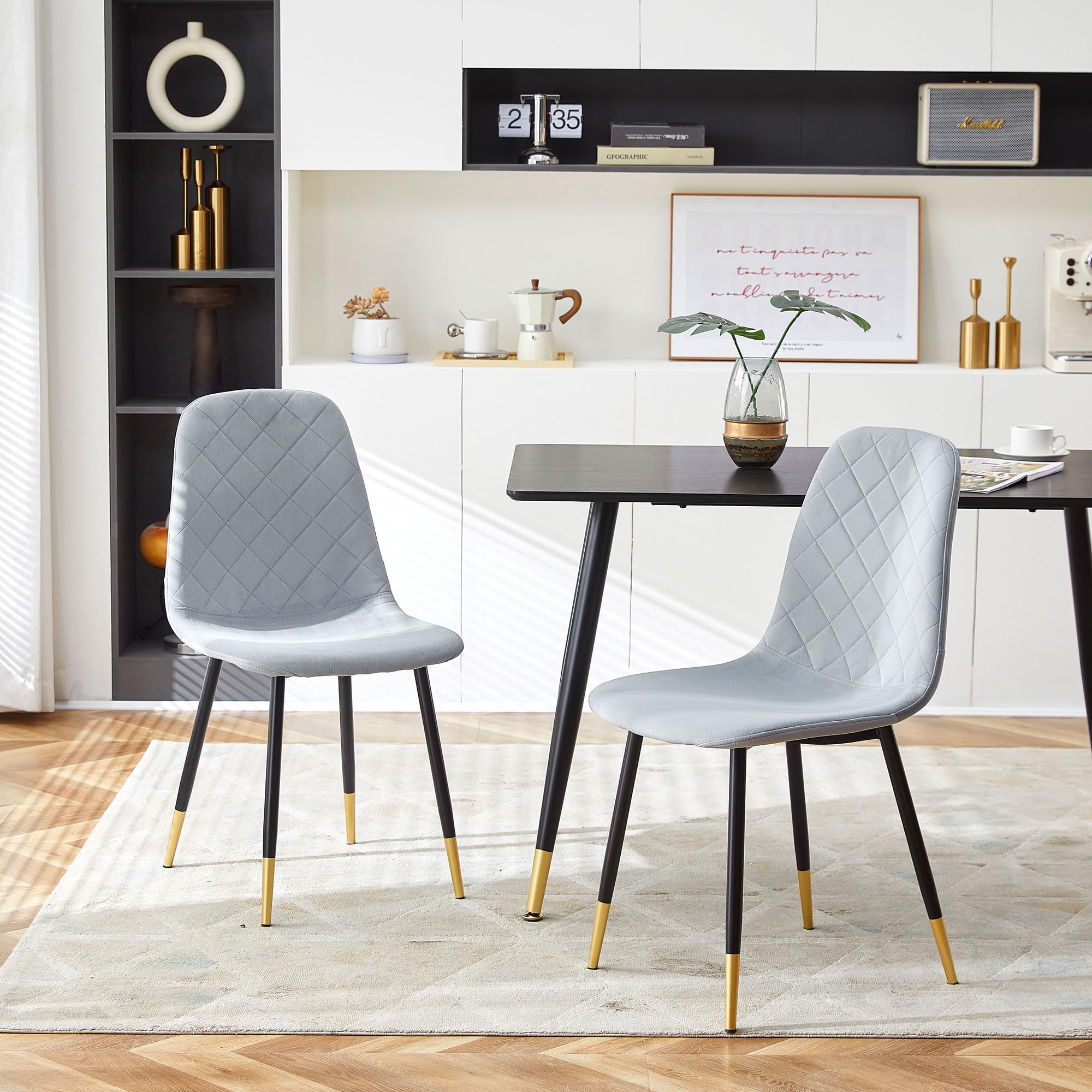Nordicana Velvet Dining Chairs Set of 2 - Modern Upholstered Kitchen Side Chairs with Sturdy Metal Legs in Soft Grey | Perfect for Dining Room, Breakfast Nook & Small Space Decor