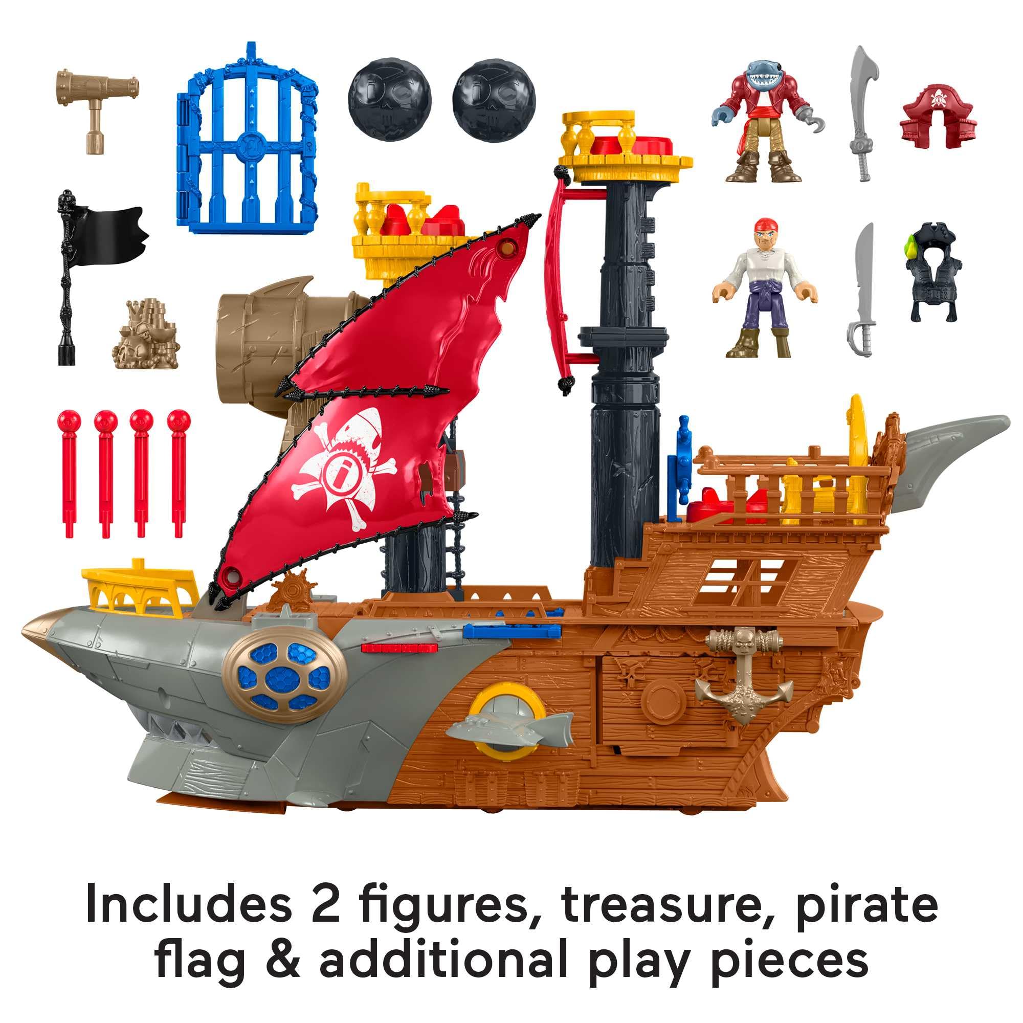 Fisher-Price Imaginext Shark Bite Pirate Ship Toy Playset with 3 Pirate Figures & 20+ Accessories - Interactive Battling Boat for Kids Ages 3-8 - Perfect for Imaginative Play, Birthday Gifts & Preschool Learning
