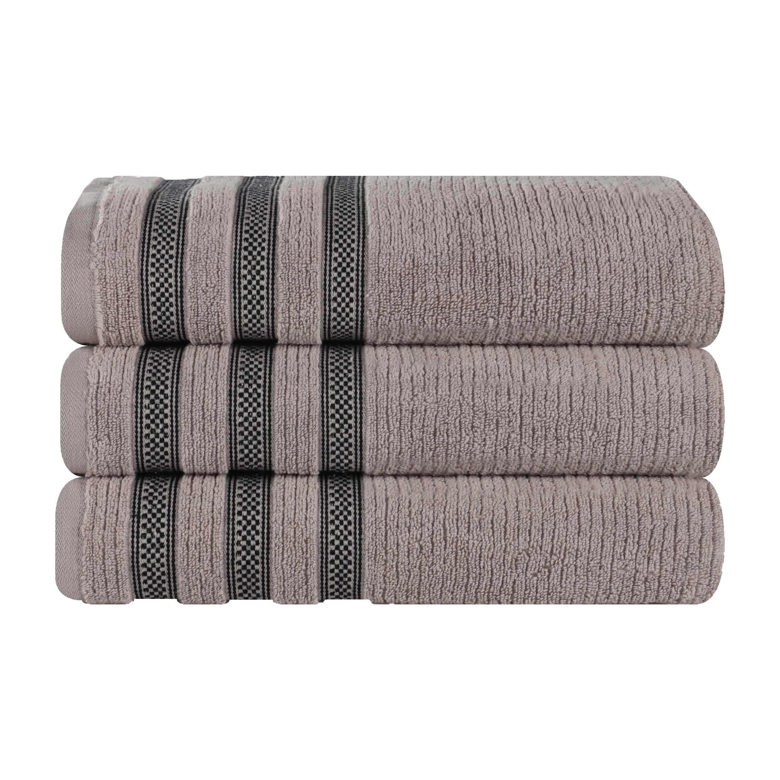 Soft Zero Twist Cotton Ribbed Geometric Border Plush Bath Towel Set of 3 - Ultra Absorbent & Quick Dry for Spa, Beach, and Luxury Bathroom Use