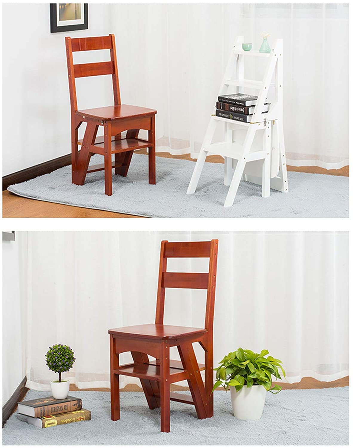 Multi-Purpose Wooden Step Stool Ladder - Foldable Chair for Home, Decorative 4-Step Stool for Kitchen, Bathroom & Storage Use