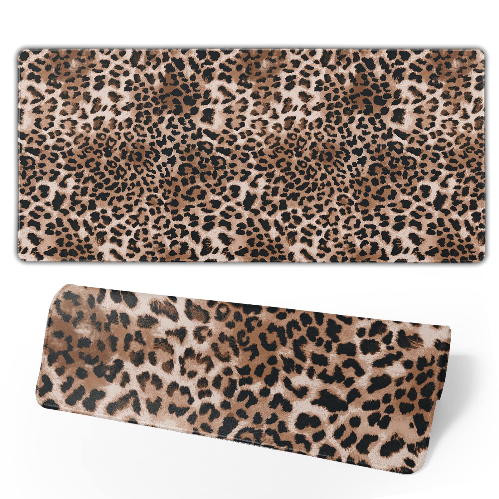 Brown Leopard Print Gaming Mouse Pad - 31.5 x 11.8 Inch Large Mouse Mat with Stitched Edges, Non-Slip Rubber Base, Waterproof Surface - Perfect for Office, Gaming & Computer Desks