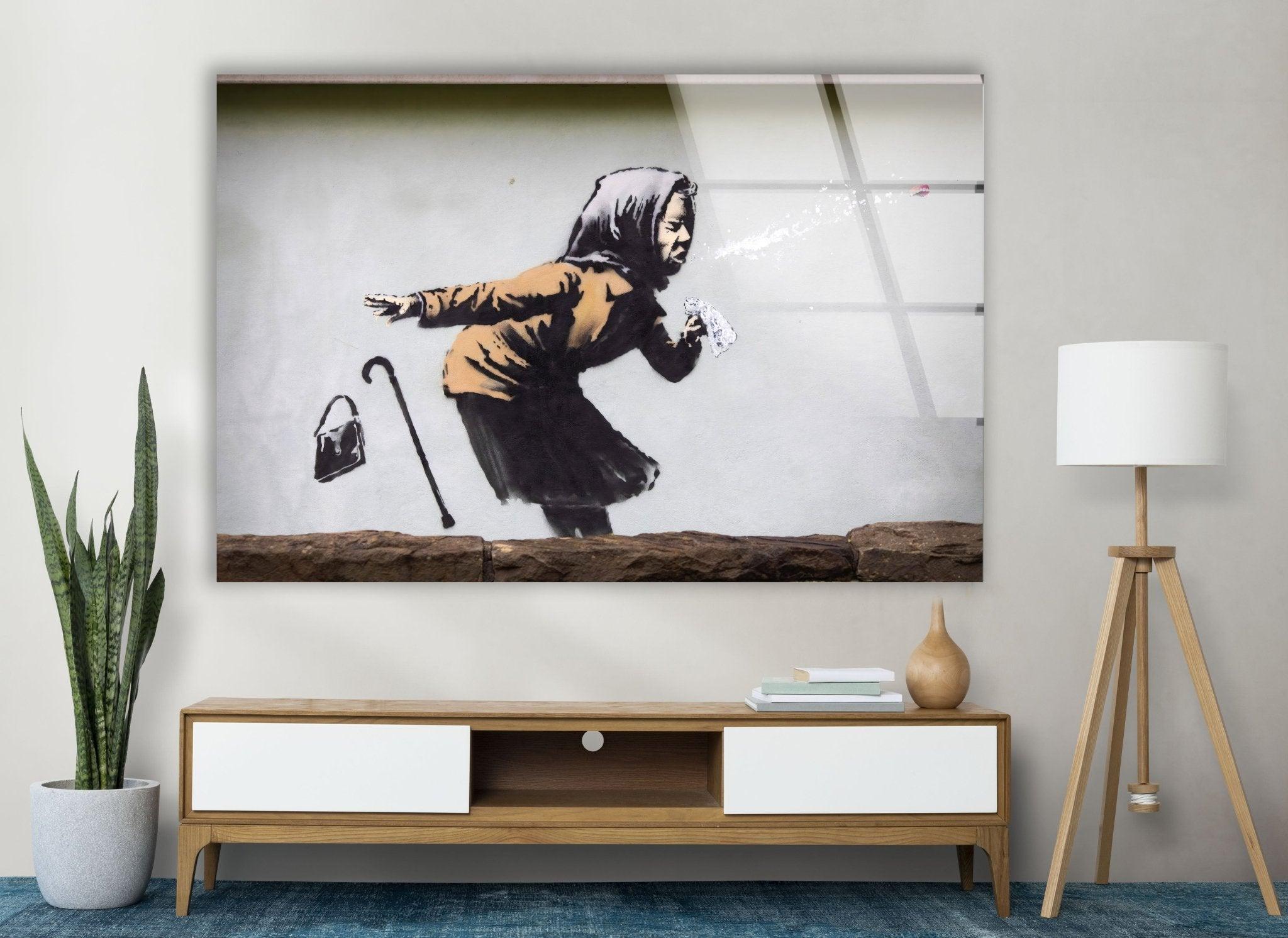 Banksy Sneezing Woman Glass Wall Art - Modern Home Decor for Living Room, Office & Bedroom - Unique Street Art Gift for Urban Art Lovers