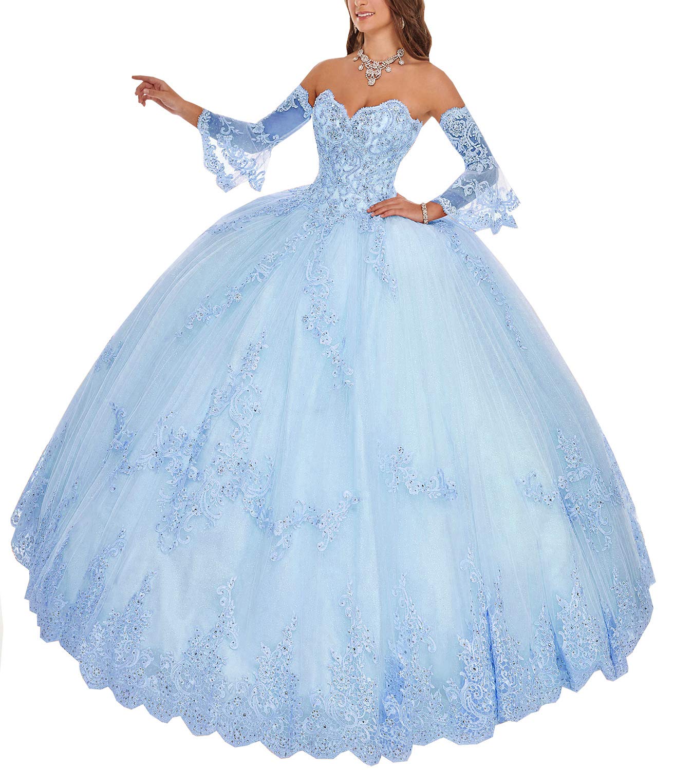 Elegant Ball Gown Lace Quinceañera Dress for Women - Sweetheart Neckline Long Sleeve Prom Dress with Appliqued Beading | Perfect for Quinceañeras, Proms, Weddings & Formal Parties