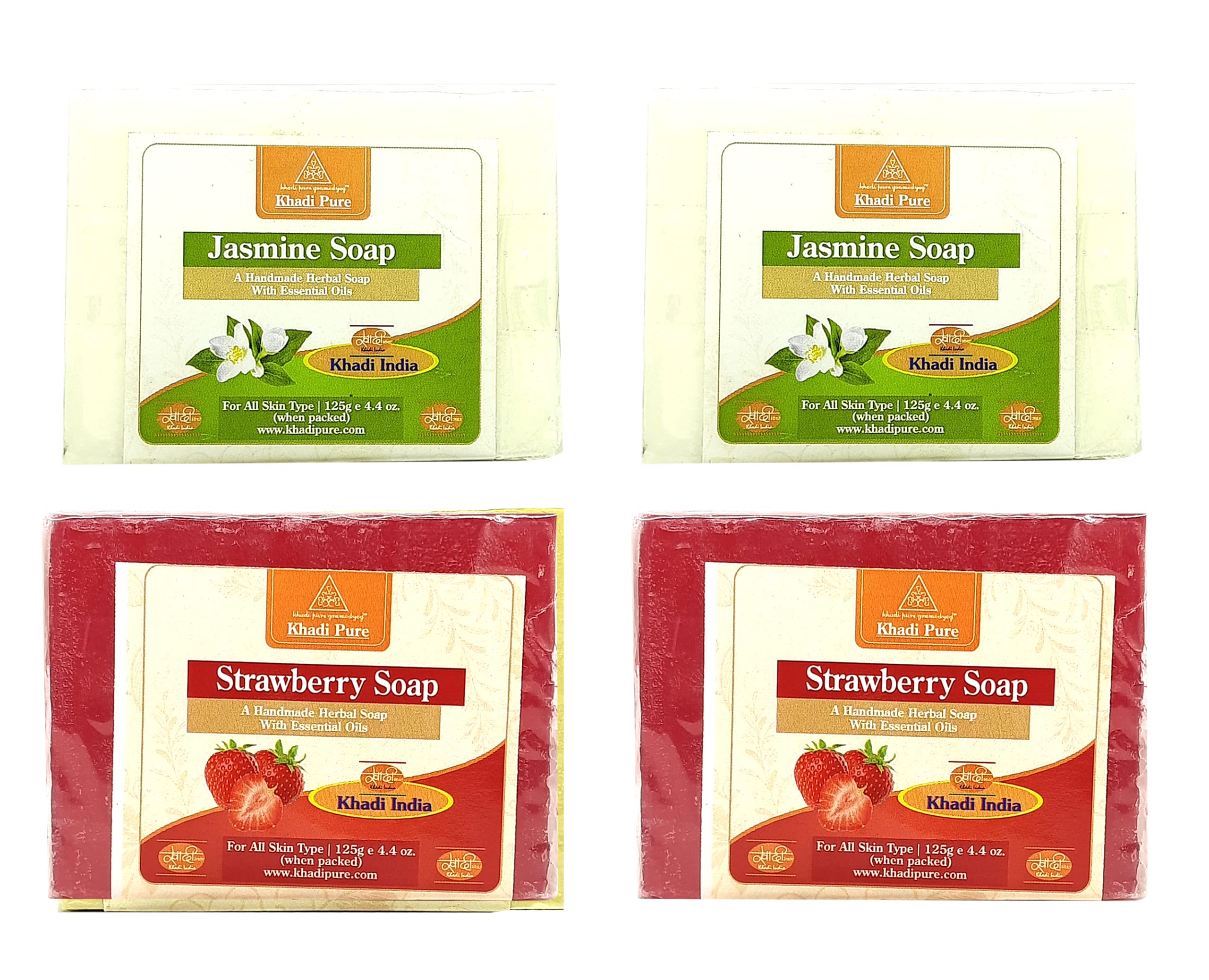Khadi Pure Jasmine & Strawberry Soap 4-Pack (125ml Each) | Natural Ayurvedic Handmade Soap for Glowing Skin | Perfect for Daily Bath, Spa & Gift Sets