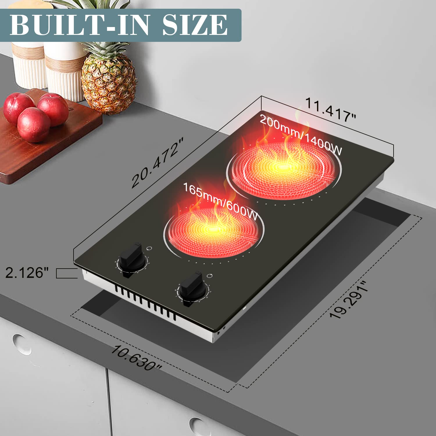 Hobsir 2 Burner Electric Cooktop - 12 Inch Countertop & Built-in Stove with Knob Control, 110V, Residual Heat Indicator & Over-Temperature Protection - Perfect for Small Kitchens, Apartments, RVs & Dorm Rooms