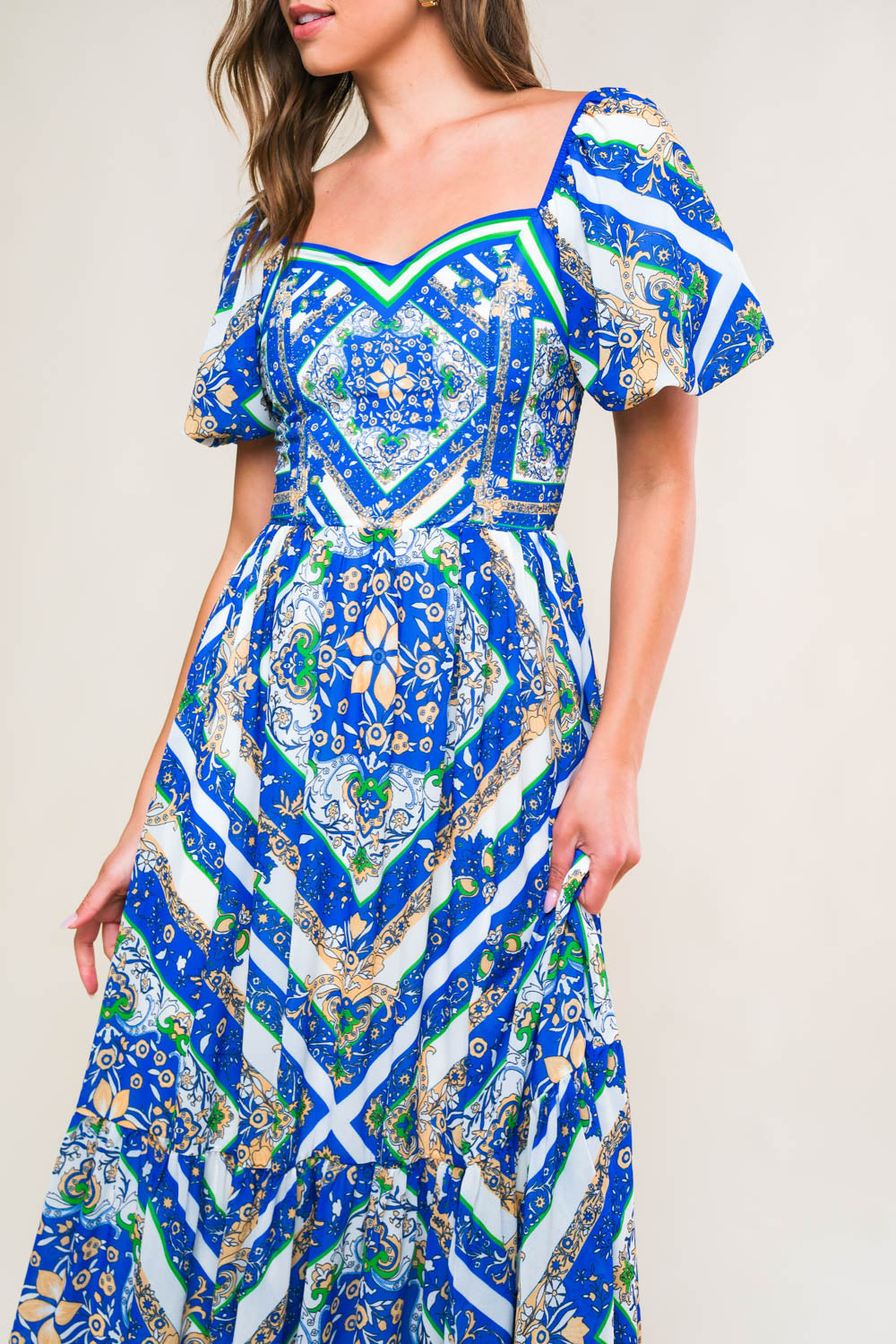 Palm Springs Puff Sleeve Midi Dress in Blue | Flowy Summer Dress for Women | Perfect for Beach Vacations, Brunch Dates & Outdoor Weddings