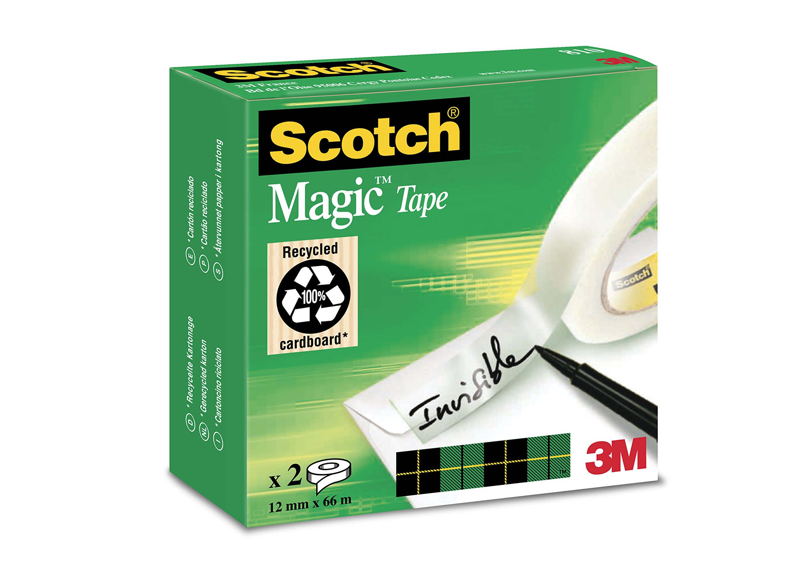 Scotch Magic Tape, 2 Rolls, 12mm x 66m - Invisible, Removable & Durable Adhesive Tape for Document Repair, Labeling, Sealing & Crafting - Perfect for Office, School & Home Use