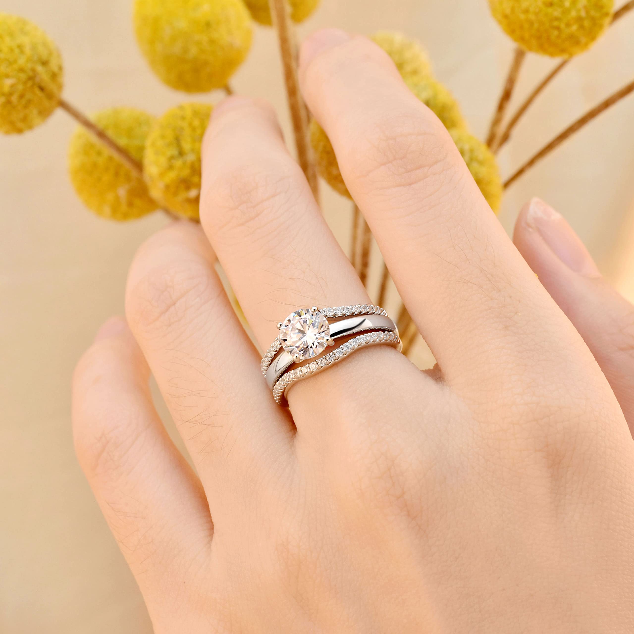 SHELOVES Solitaire Princess CZ Engagement Ring Set with Wedding Band & Ring Enhancer - Sterling Silver Size 5-12 - Perfect for Proposals, Anniversaries & Bridal Jewelry