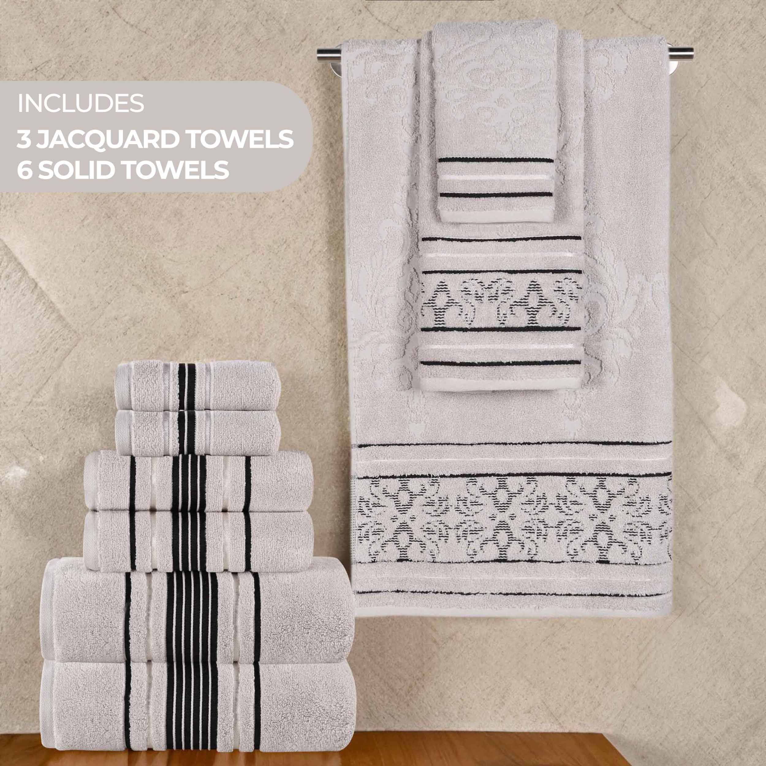 Sadie 9-Piece Zero Twist Cotton Towel Set - Solid & Jacquard Floral Bath Towels, Hand Towels & Washcloths - Soft & Absorbent for Bathroom, Spa & Guest Room