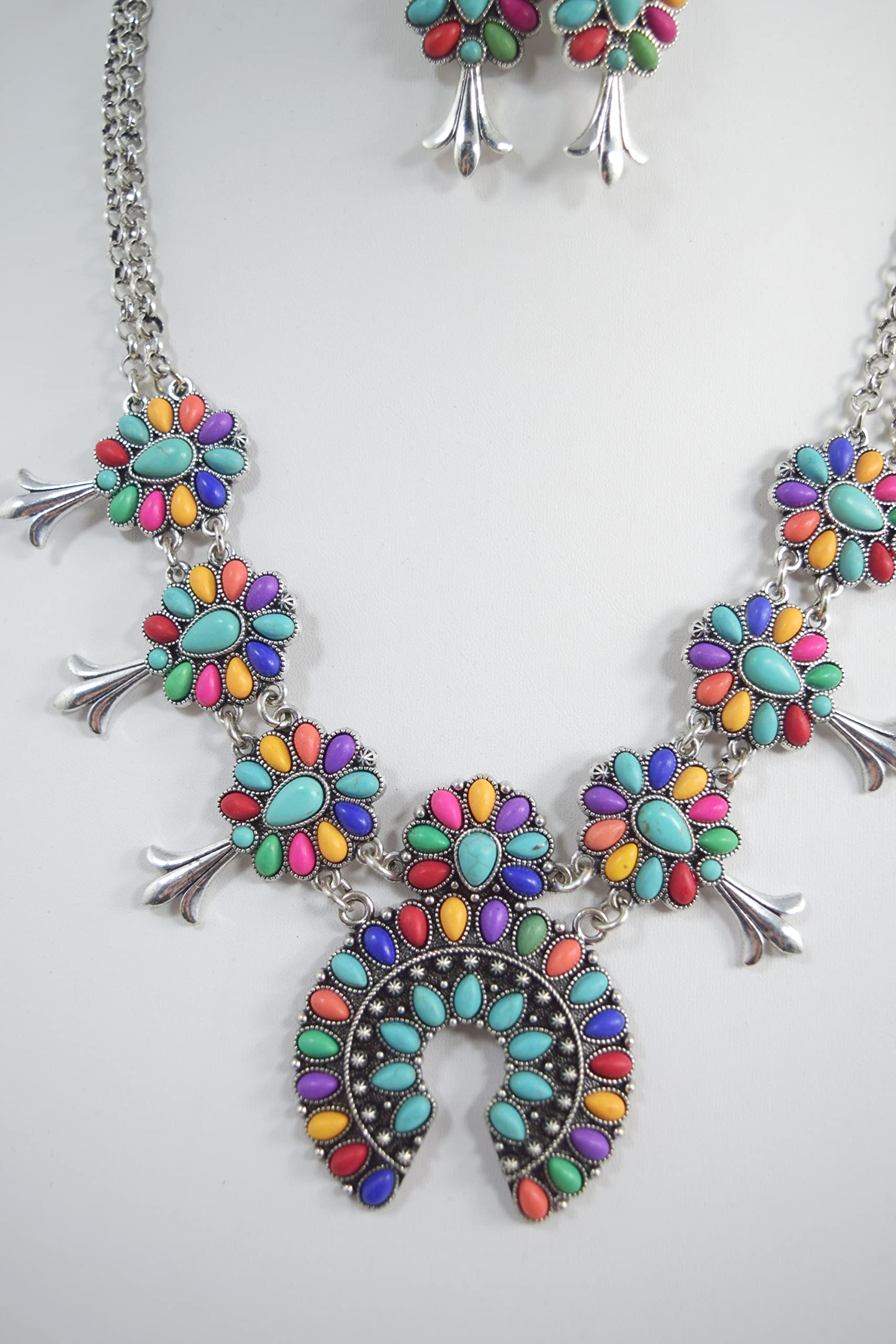 Stunning Western Turquoise Squash Blossom Statement Necklace & Earrings Set - Handmade Native American Jewelry for Women - Perfect for Boho Fashion, Festivals & Special Occasions