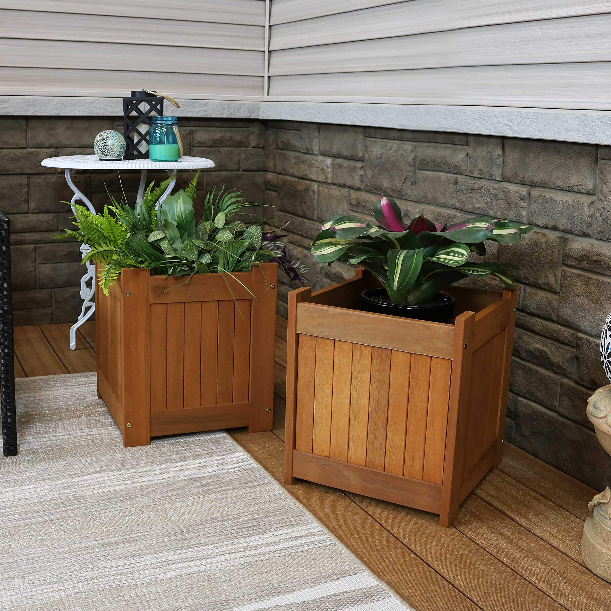 Sunnydaze 16-Inch Square Meranti Wood Planter Box with Teak Oil Finish - Set of 2 for Indoor/Outdoor Garden, Patio, and Balcony Decor