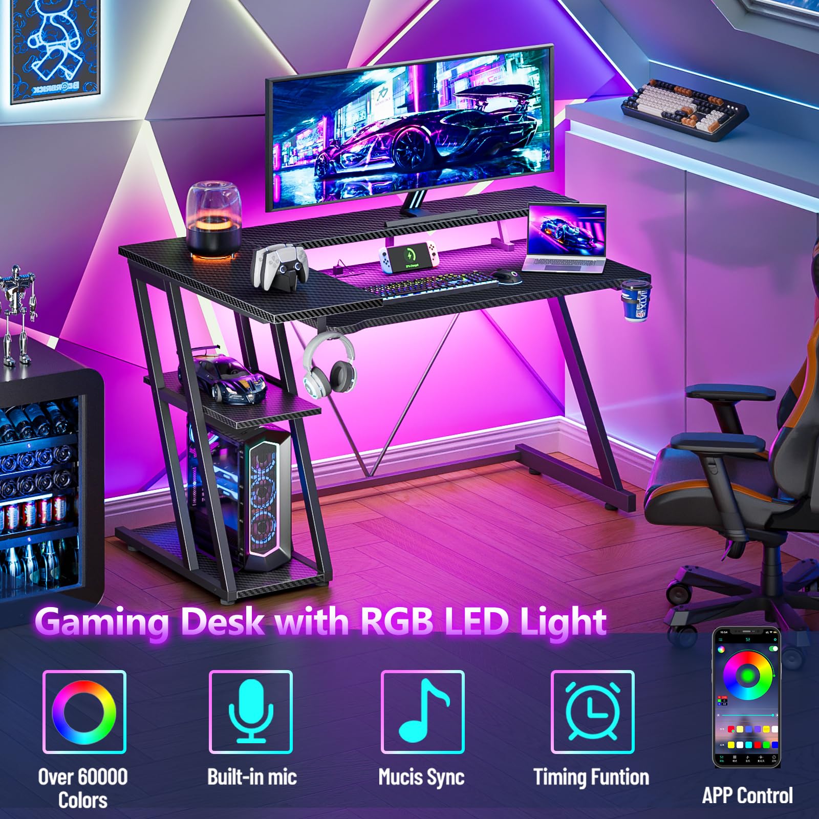47 Inch Gaming Desk with Power Outlet & LED Lights - Ergonomic Corner Computer Desk with 3-Tier Storage Shelves & Monitor Stand - Carbon Fiber Black Home Office Desk for Small Spaces | Perfect for Gaming Setup, Workstation & Compact Home Offices