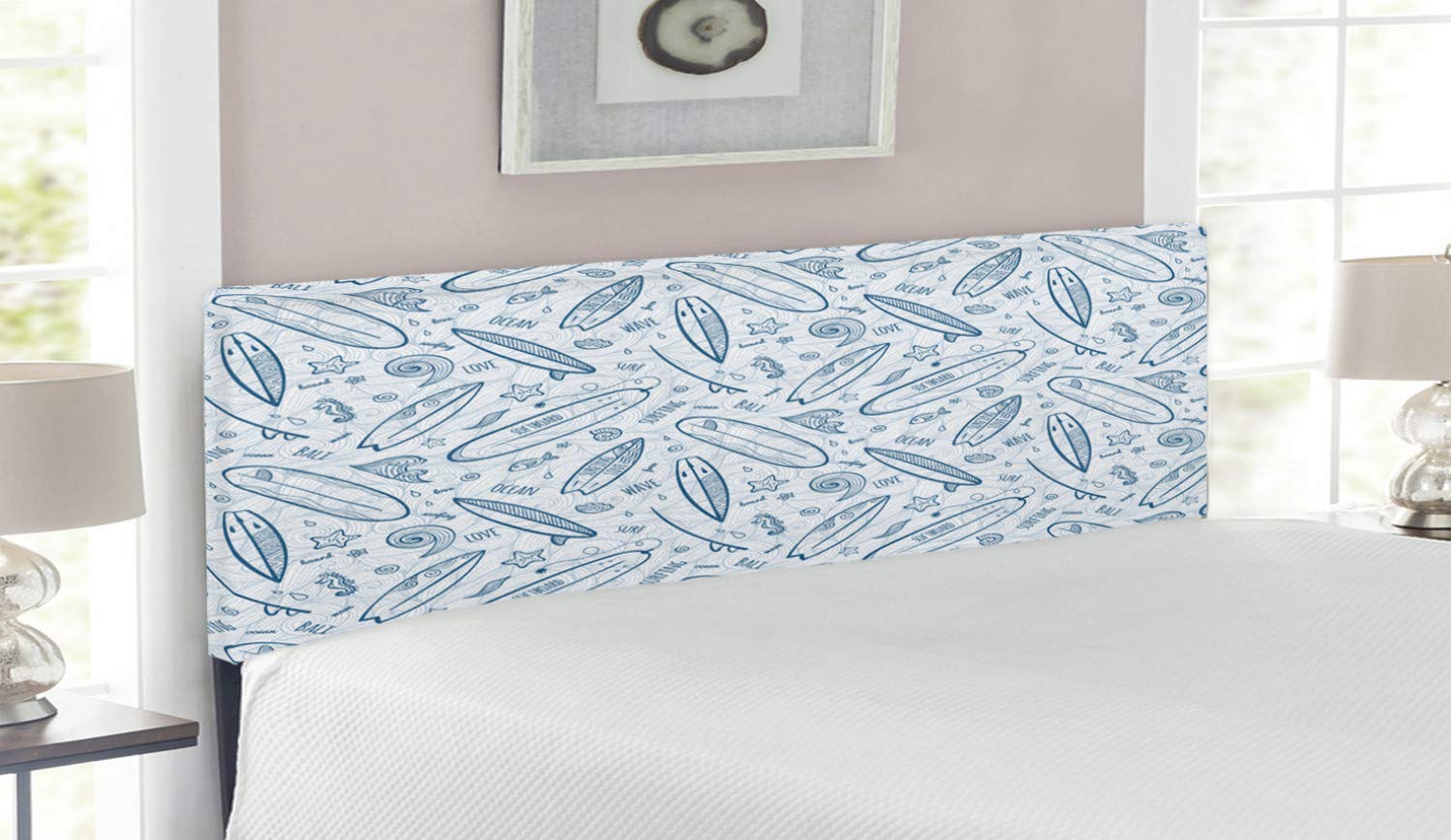 Ambesonne Queen Size Upholstered Surfboard Headboard - Doodle Surfing Boards, Waves & Starfishes Hawaiian Summer Design - Decorative Metal Bed Headboard with Memory Foam in Petrol Blue Slate Blue - Perfect for Beach Themed Bedrooms, Vacation Homes & Coastal Decor