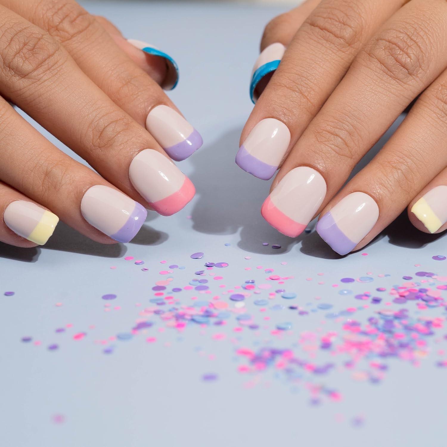 Rainbow French Press-On Nails Set - Premium Reusable Fake Nails for Women | Small Size Artificial Gel Nails with Full Coverage | Long Lasting UV Treated Stick-on Nails (20 Pcs, Both Hands) | Perfect for Parties, Weddings, and Everyday Glam