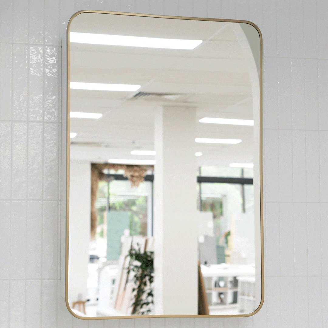 Rectangular Mirror Cabinet with Brushed Brass Finish - Modern Bathroom Vanity & Storage Solution for Small Spaces