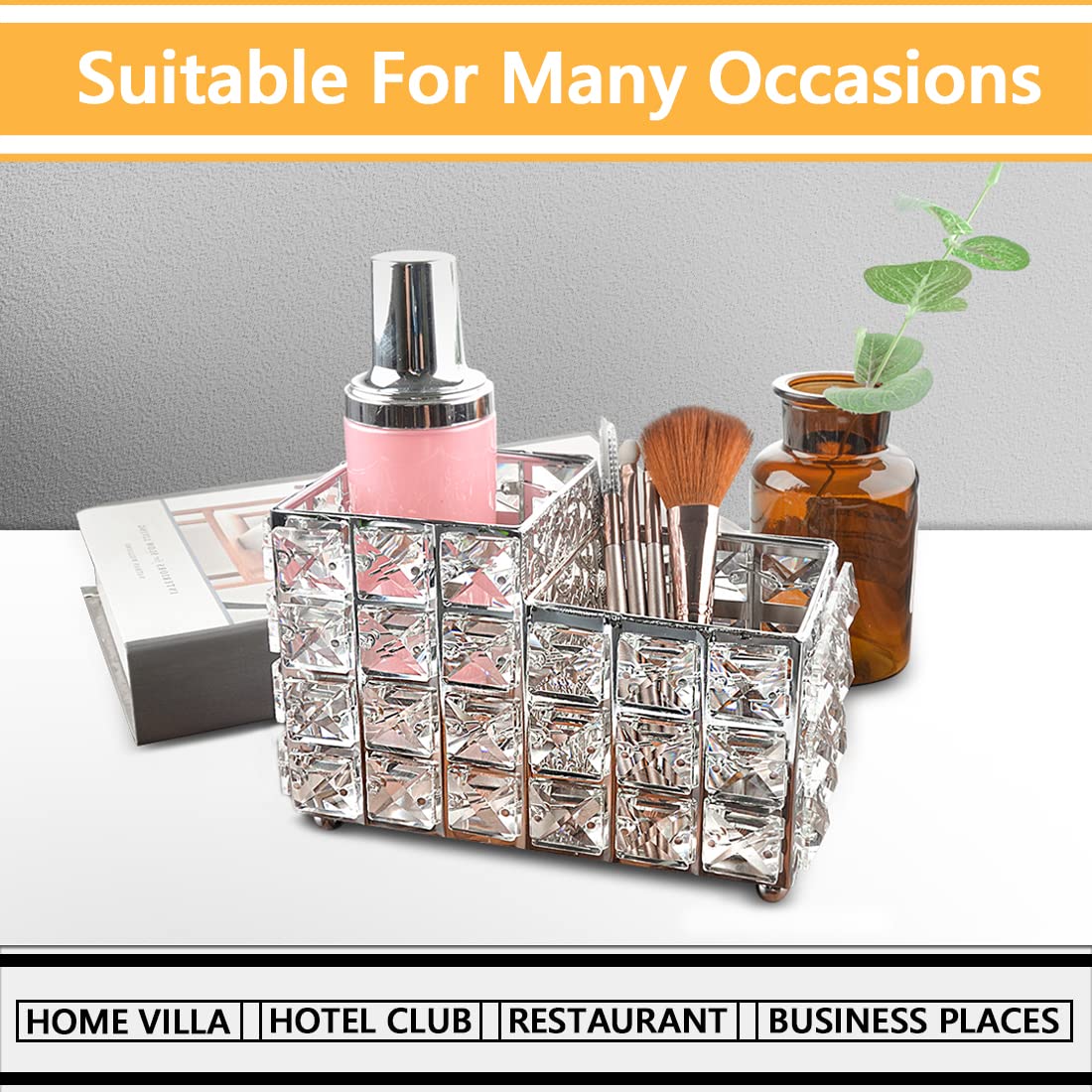 LUXEBOX Crystal Makeup Brush Holder - Square Acrylic Cosmetic Organizer for Brushes | Elegant Vanity Storage for Dresser, Bathroom & Bedroom | Perfect for Makeup Artists & Beauty Enthusiasts (Silver)