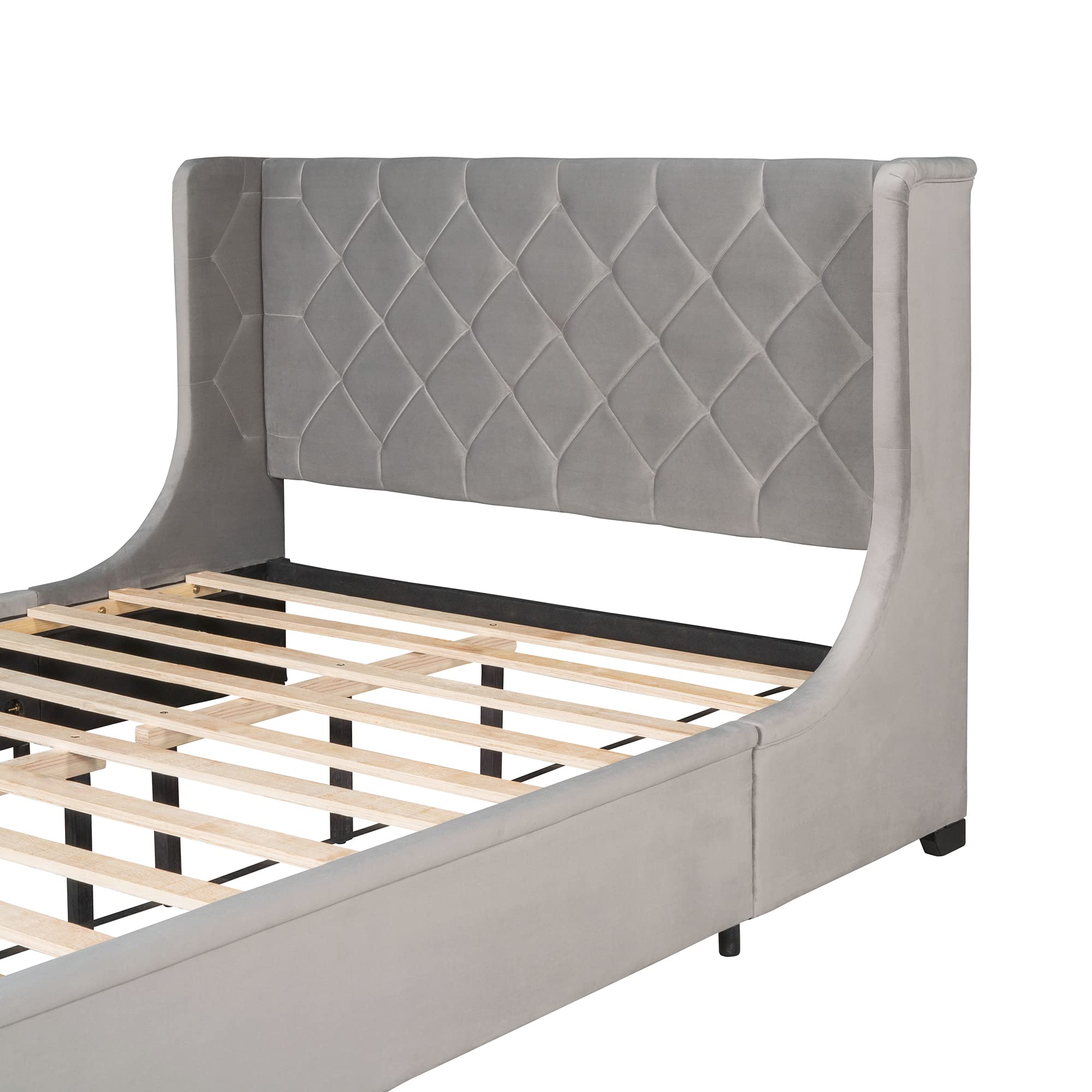 KLMM Queen Size Velvet Upholstered Platform Bed with Wingback Headboard & Storage Drawer - Button Tufted Wood Slat Support, No Box Spring Needed (Gray) - Perfect for Modern Bedrooms, Guest Rooms & Small Space Living