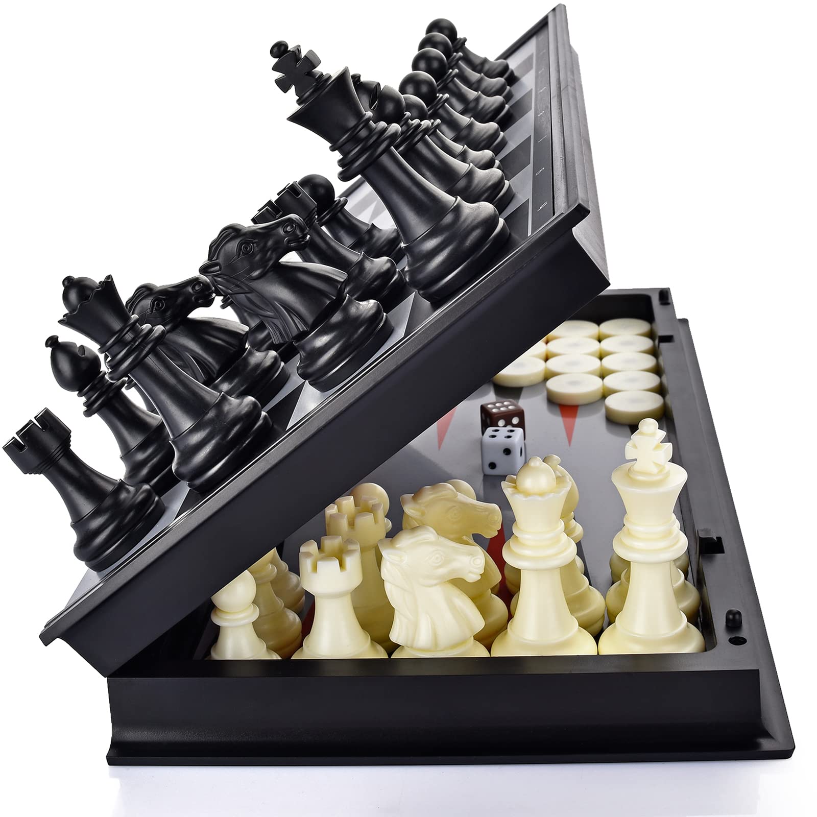 3-in-1 Magnetic Chess, Checkers & Backgammon Set - Portable Folding Board Game for Kids & Adults (Black & White Chess Pieces) - Perfect for Travel, Family Game Nights & Indoor Entertainment