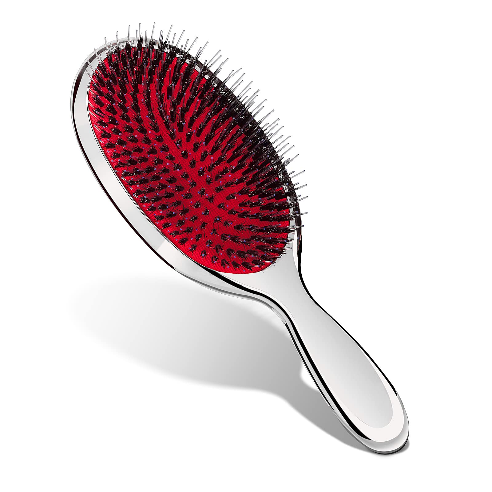 Sibba Anti-Static Hair Brush - Professional Detangling Paddle Brush with Natural Bristles & Cushion Base for Long, Thick, Wavy Hair - Massage Scalp & Smooth Extensions (Silver) | Perfect for Daily Styling, Salon Use & Travel