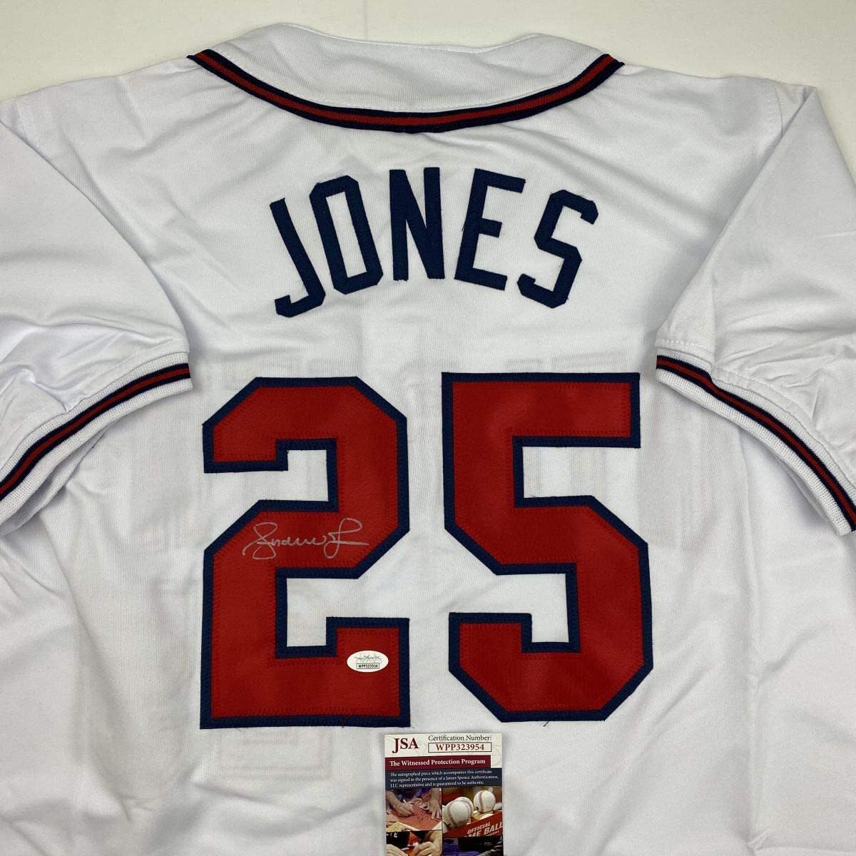 Authentic Autographed Andruw Jones Atlanta Braves White Baseball Jersey with JSA COA - Perfect for Collectors, Fans, and Sports Memorabilia Displays