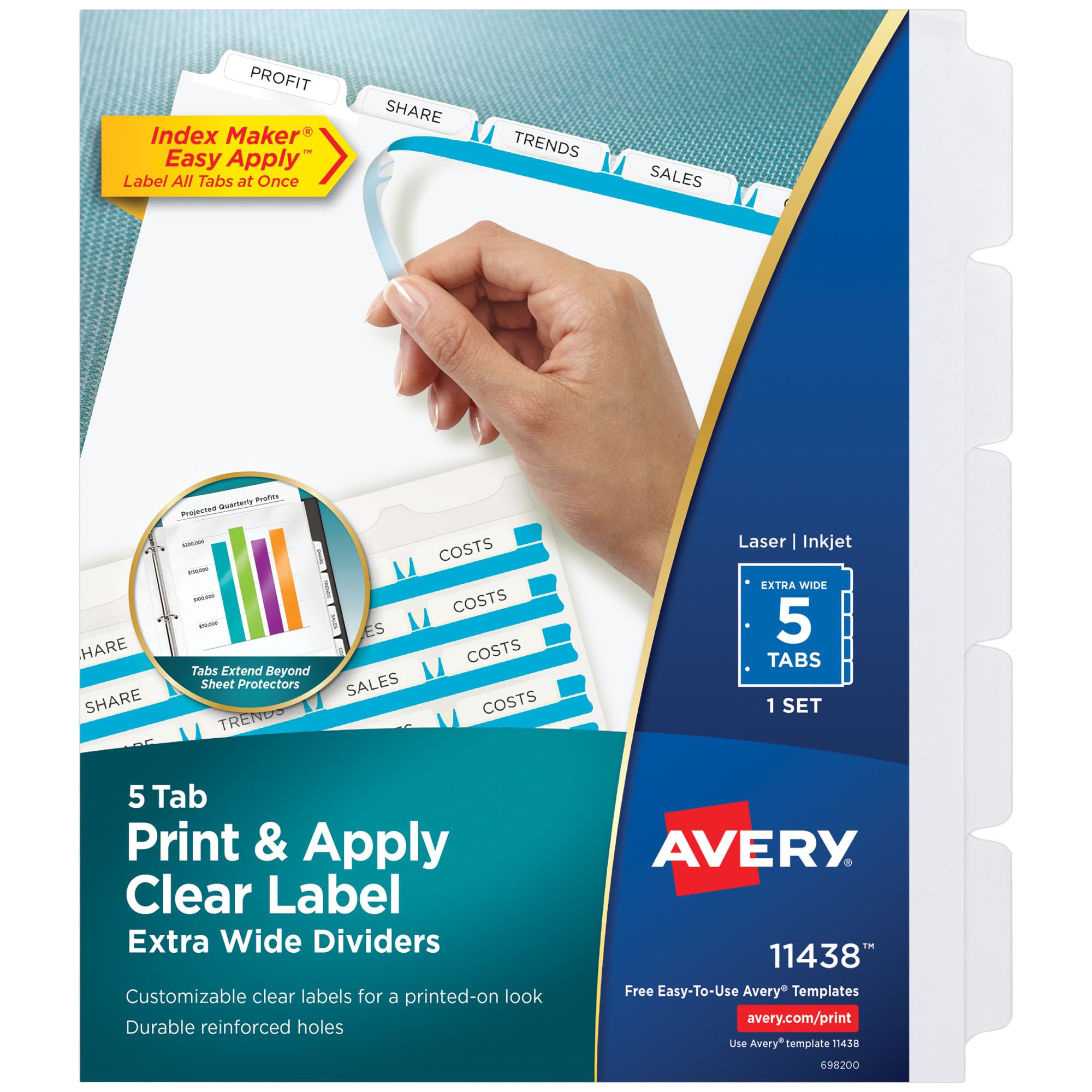 Avery 5-Tab Extra Wide Binder Dividers with Clear Label Strips - White Index Maker for Easy Printing & Organizing (Set of 1, 11438) - Perfect for School, Office, and Home Organization