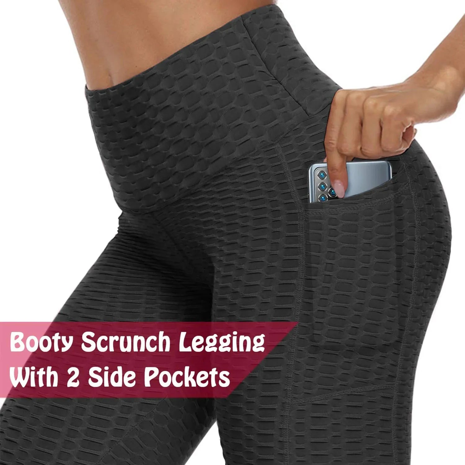 Women's High Waist Scrunch Butt Leggings with Pockets - Stretchy Workout Yoga Pants for Running, Gym & Active Wear - Textured Push Up Trousers for Fitness & Lounge