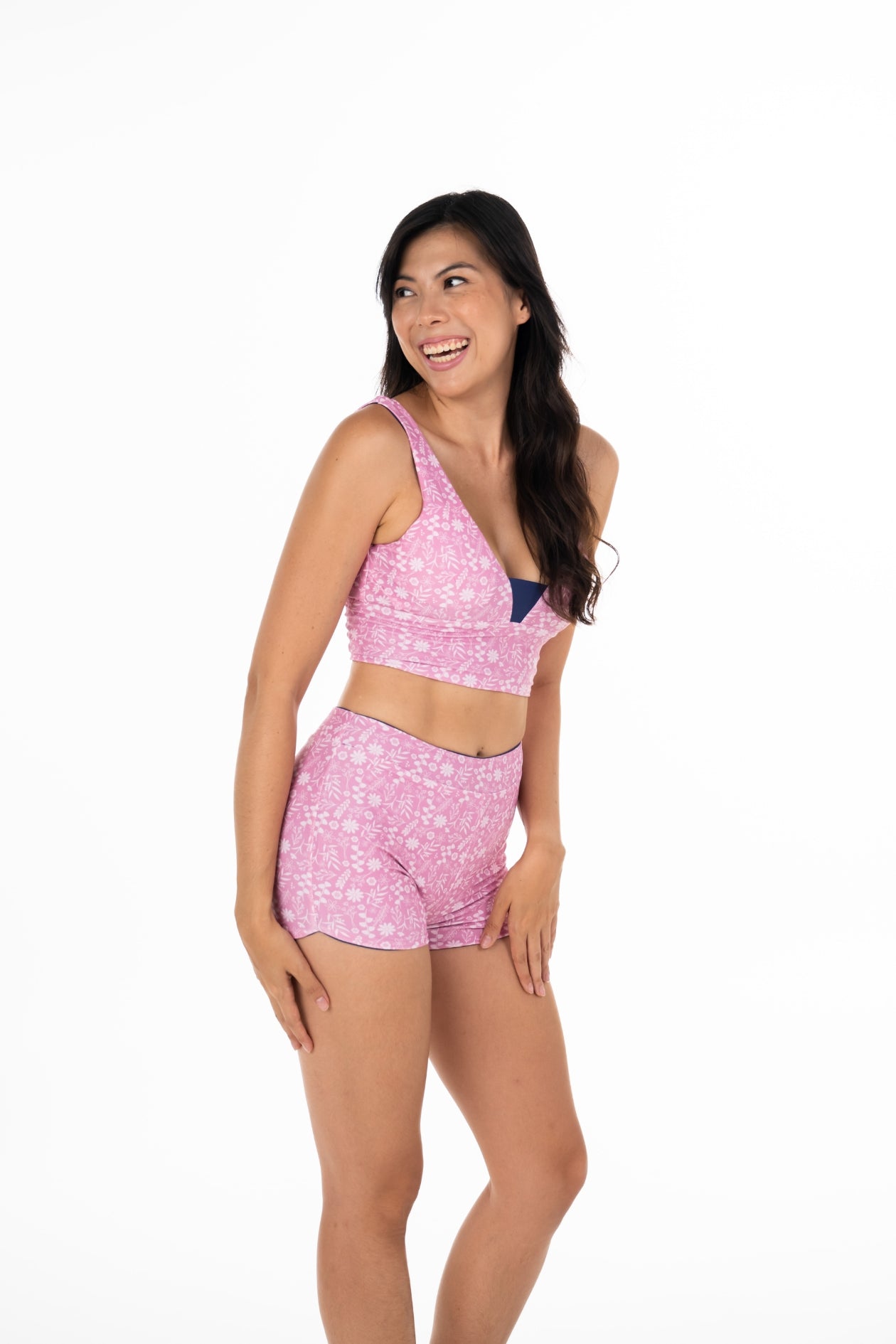 BC High Waist Swim & Sports Shorts - Reversible Design in Midnight/Flowers Print - Perfect for Swimming, Yoga, Gym & Beach Activities