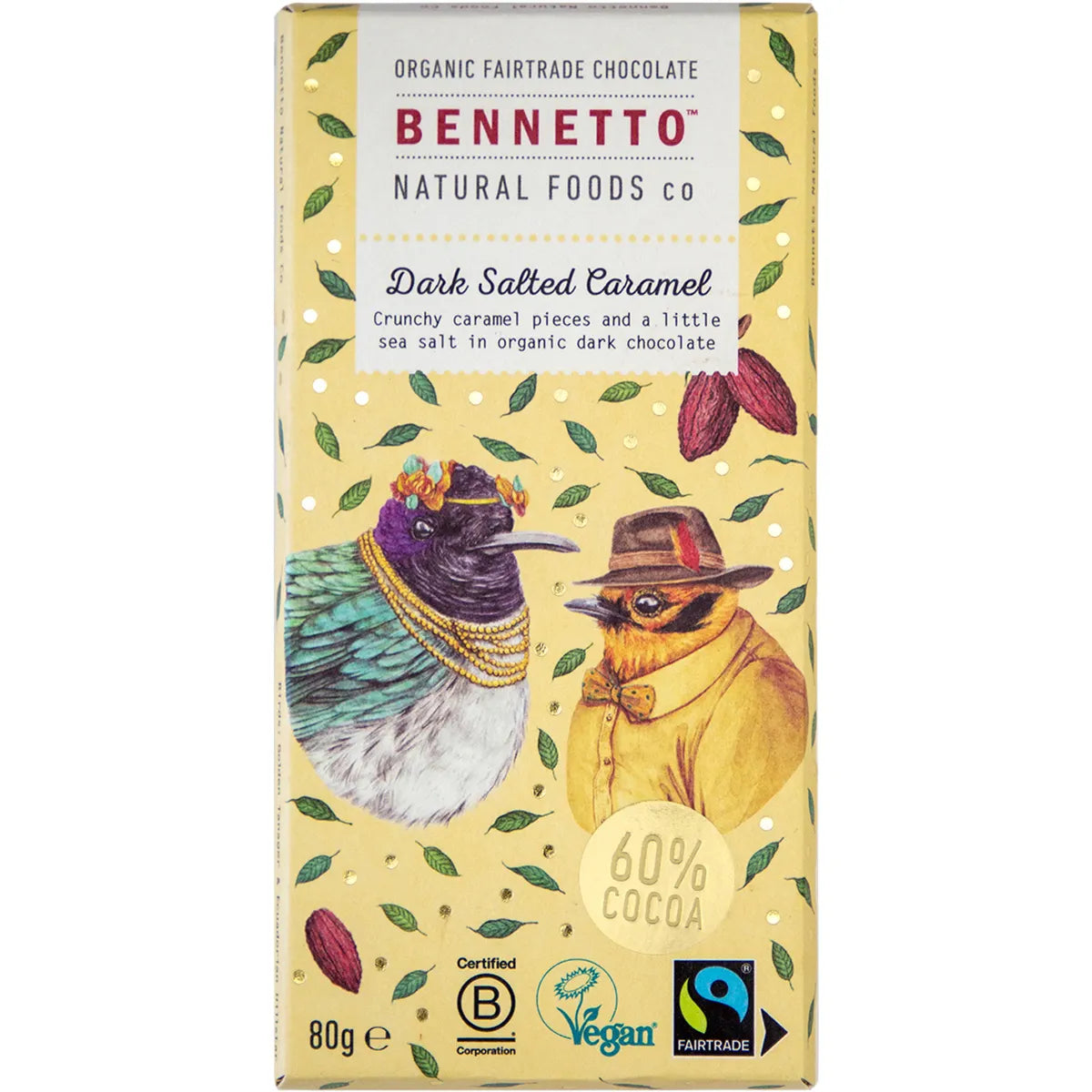 Bennetto Organic Dark Chocolate Bar 80g - Salted Caramel Flavor | Vegan, Gluten-Free | Perfect for Gifts, Snacking & Desserts