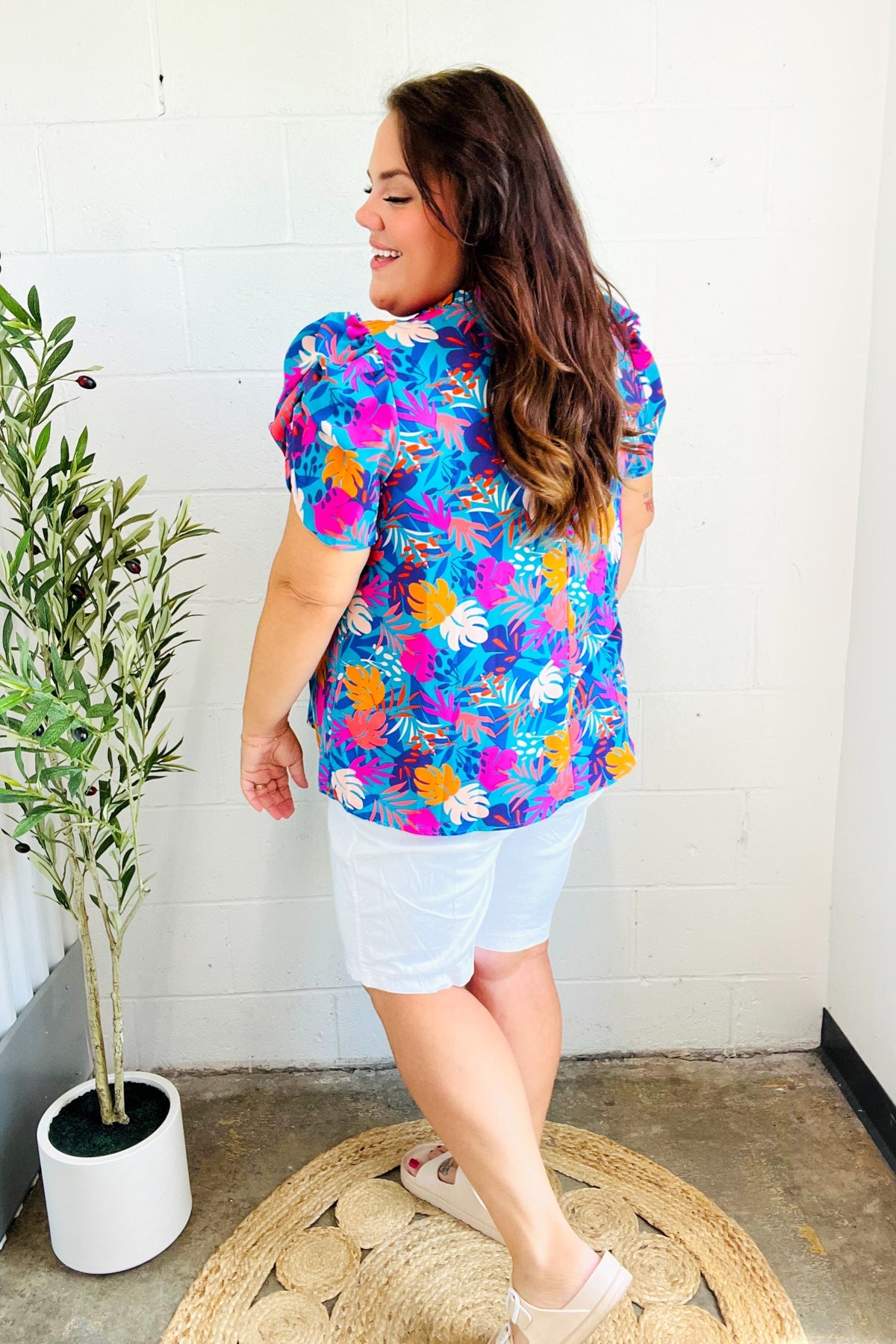 All For You Women's Aqua Tropical Print Frill Notch Neck Puff Sleeve Blouse | Summer Beach Vacation Top | Perfect for Tropical Getaways, Pool Parties & Casual Outings