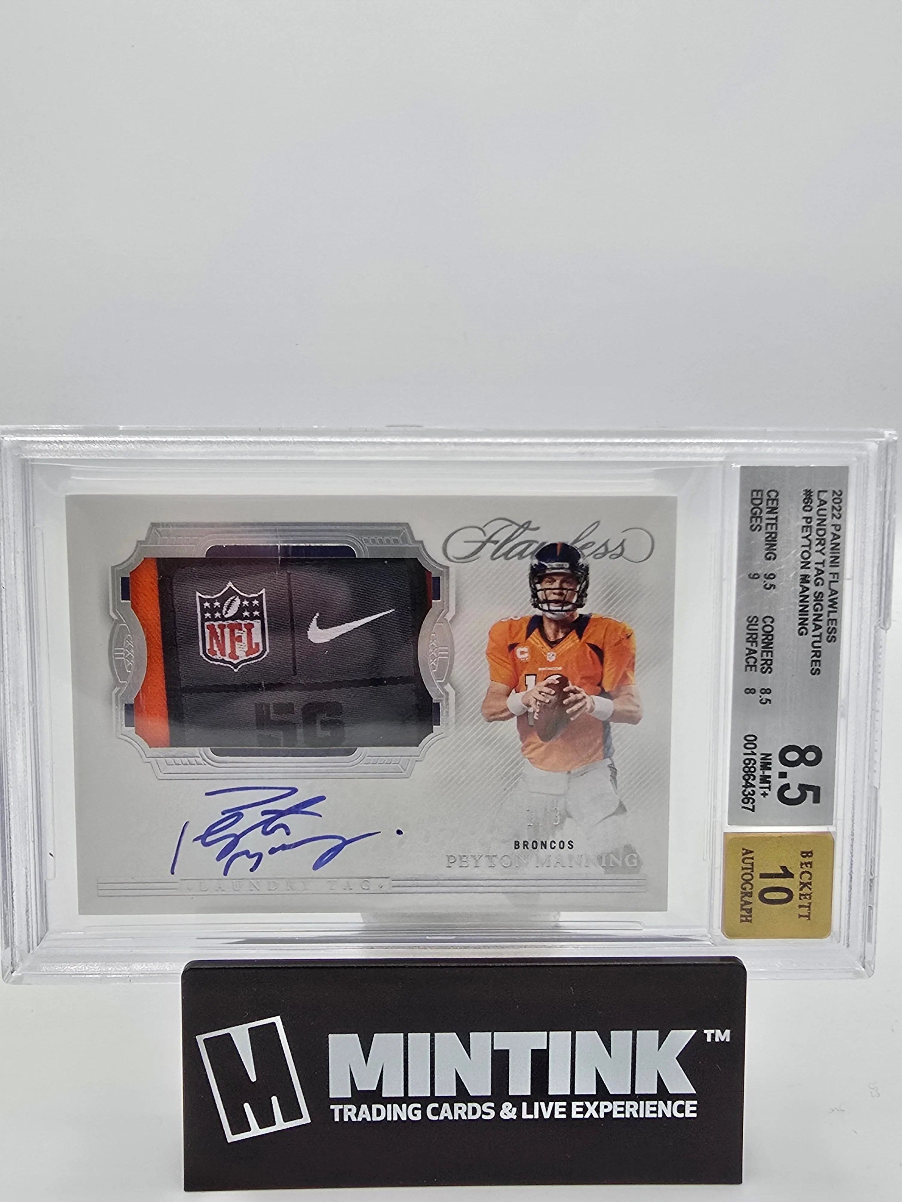 2022 Panini Flawless Laundry Tag Signatures Peyton Manning BGS 8.5 1/3 #60 - Rare Football Trading Card for Collectors & Investors - Perfect for Display, Gifting, and Portfolio Diversification