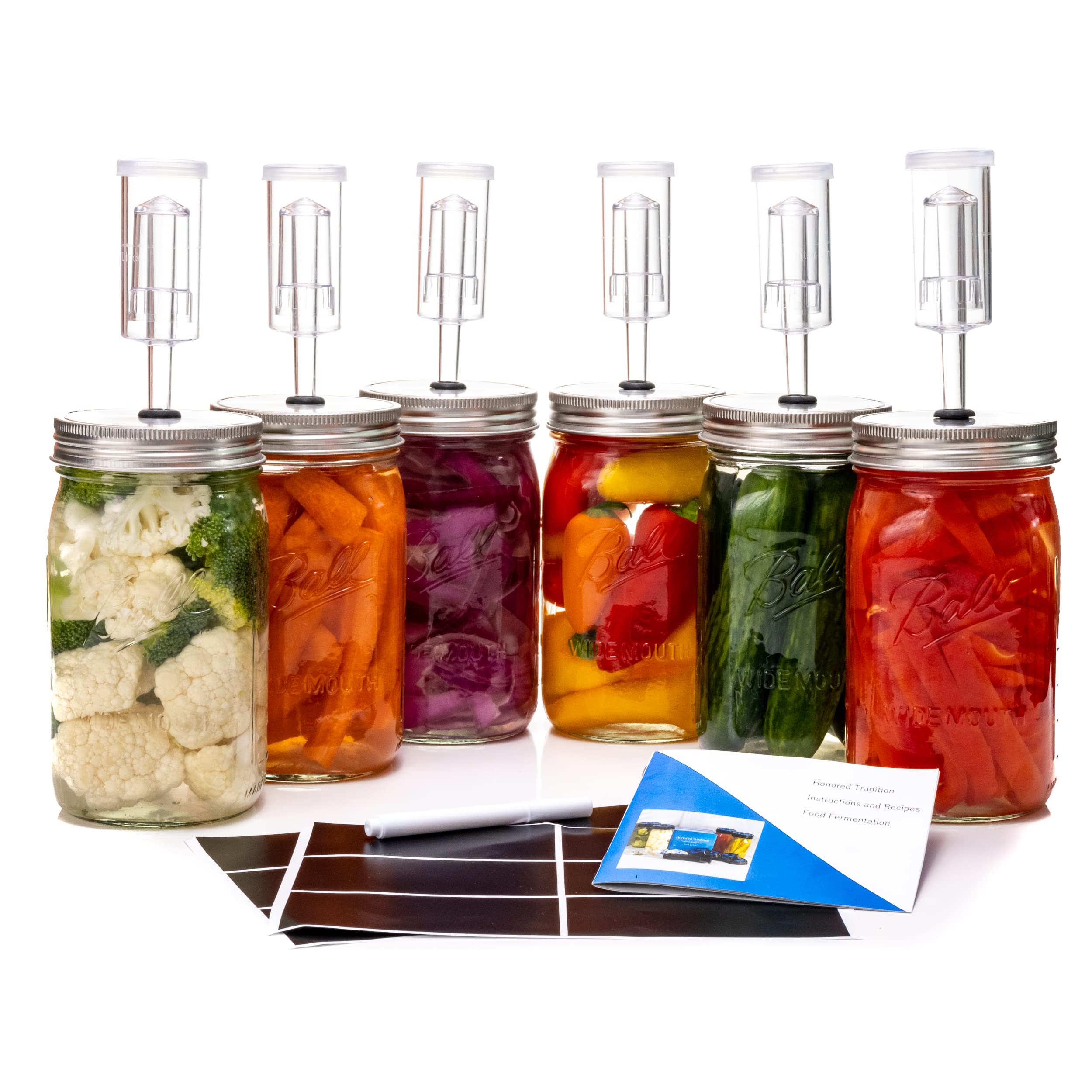 HONORED TRADITION Fermentation Kit - 6 Pack Lids, Airlocks, Grommets & 12 Chalkboard Jar Labels with Chalk Marker for Kimchi, Pickles, Sauerkraut | Home Brewing & Food Preservation Supplies