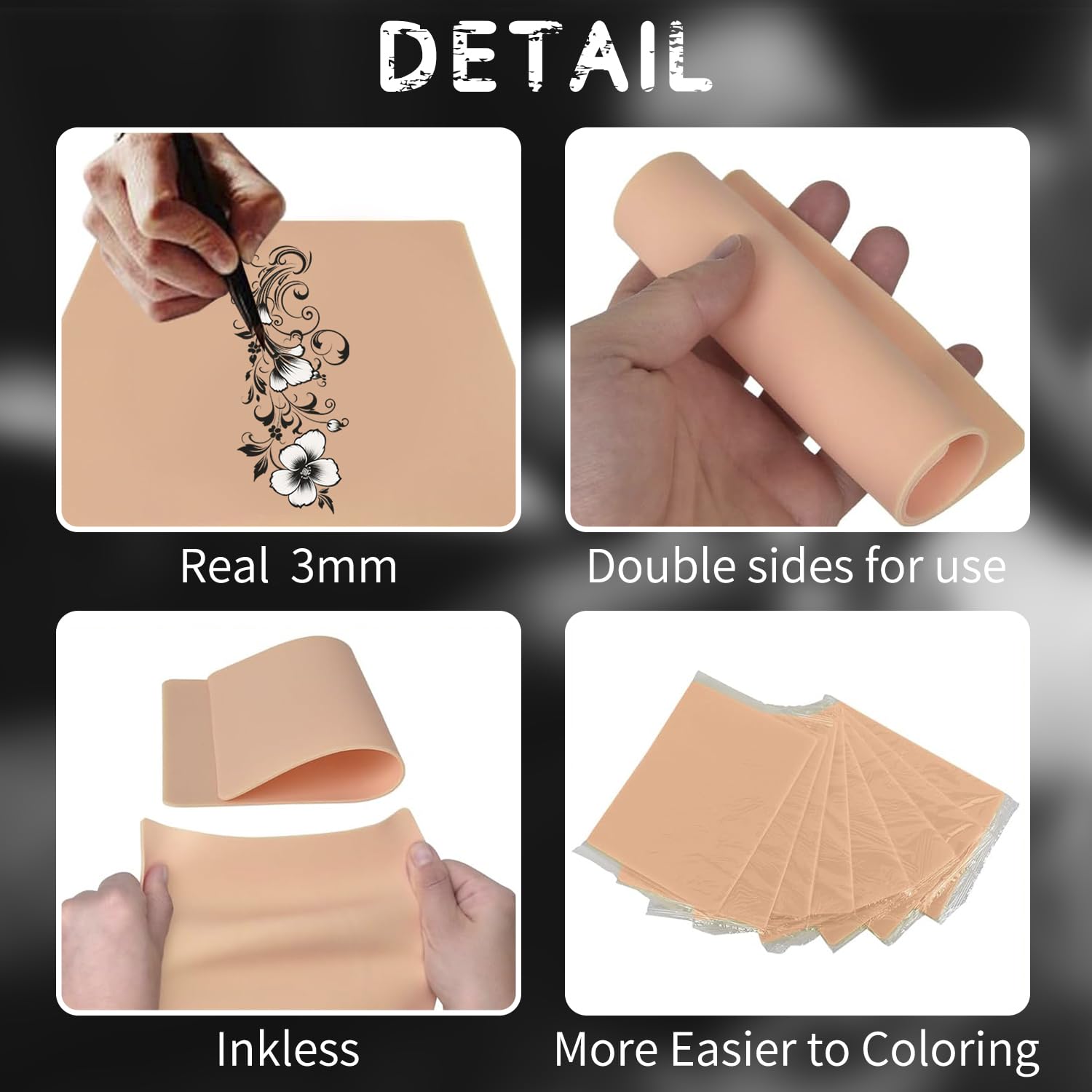 6Pcs 3MM Tattoo Practice Skin - Double Sided Fake Skin for Beginners & Artists (6×8