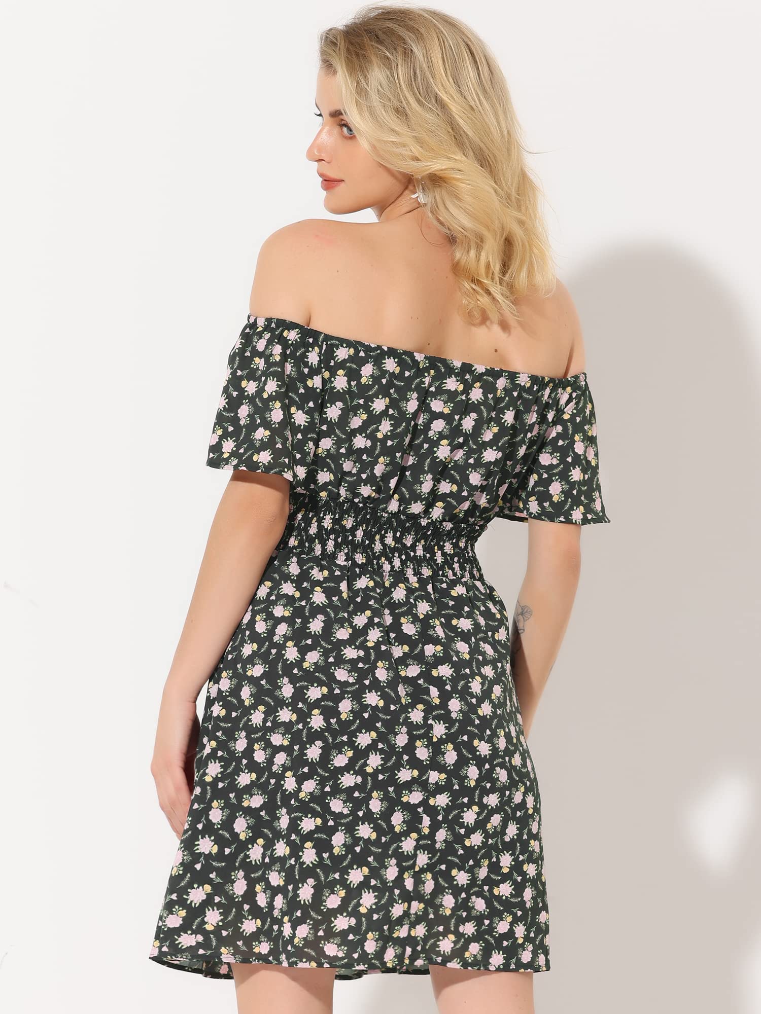 Allegra K Women's Summer Floral Off Shoulder Chiffon Smocked Short Dress - Casual Beach Wear, Party Outfit & Vacation Dress