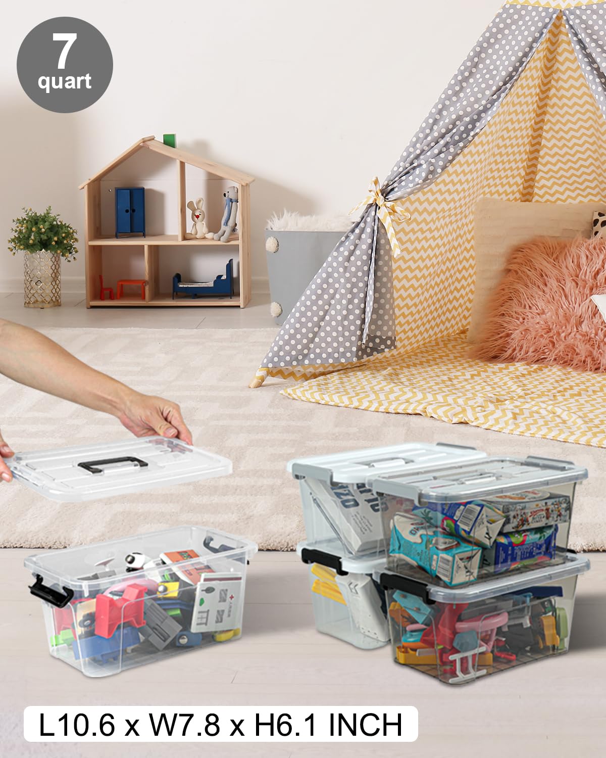 NUMIFUN 6-Pack 7 Quart Plastic Storage Bins with Lids & Black Handle Buckles - Stackable Organizer Containers for Home, Office, Kitchen, Bathroom & Closet Organization - White Lids (Perfect for Toys, Crafts, Pantry & Garage Storage)