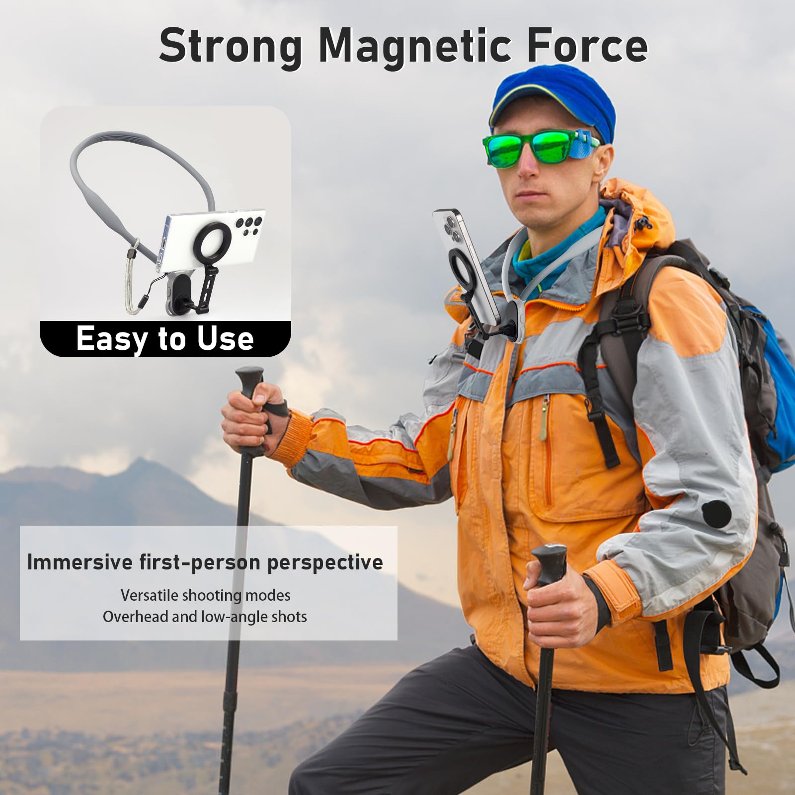 2024 Magnetic Neck Phone Mount - Hands-Free POV/Vlog Phone Holder with Anti-Shake Chest Strap for iPhone & Android (Grey) | Perfect for Recording, Live Streaming, Cooking, Workouts & Outdoor Activities