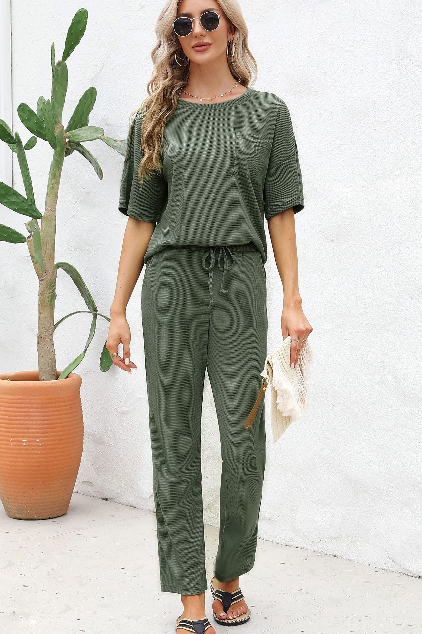 JiniGolla Women's Waffle Knit Pajama Set - Soft Short Sleeve Shirt & Long Pants Sleepwear for Lounge & Nighttime Comfort