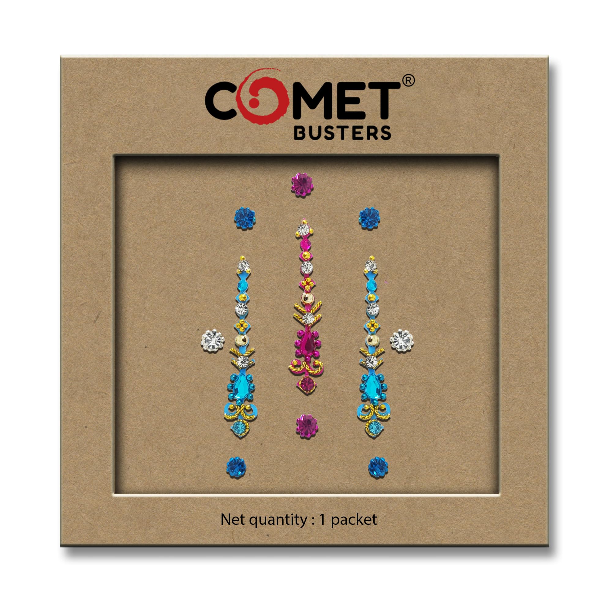 Comet Busters Pink and Blue Long Bindi for Women - 26mm Indian Forehead Jewelry (BV016) | Perfect for Diwali, Weddings & Festive Occasions