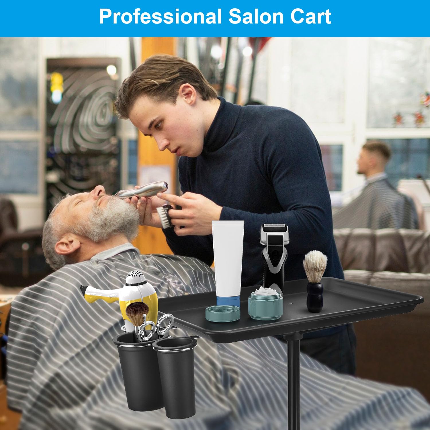 JOSTZHXIN Adjustable Salon Rolling Tray with Cup Holder - Professional Styling & Tattoo Service Cart for Beauty Salon, Spa & Clinic - Mobile Storage Trolley for Hair Tools, Tattoo Supplies & Beauty Products (Black) - Perfect for Salon Styling, Tattoo Procedures & Spa Treatments